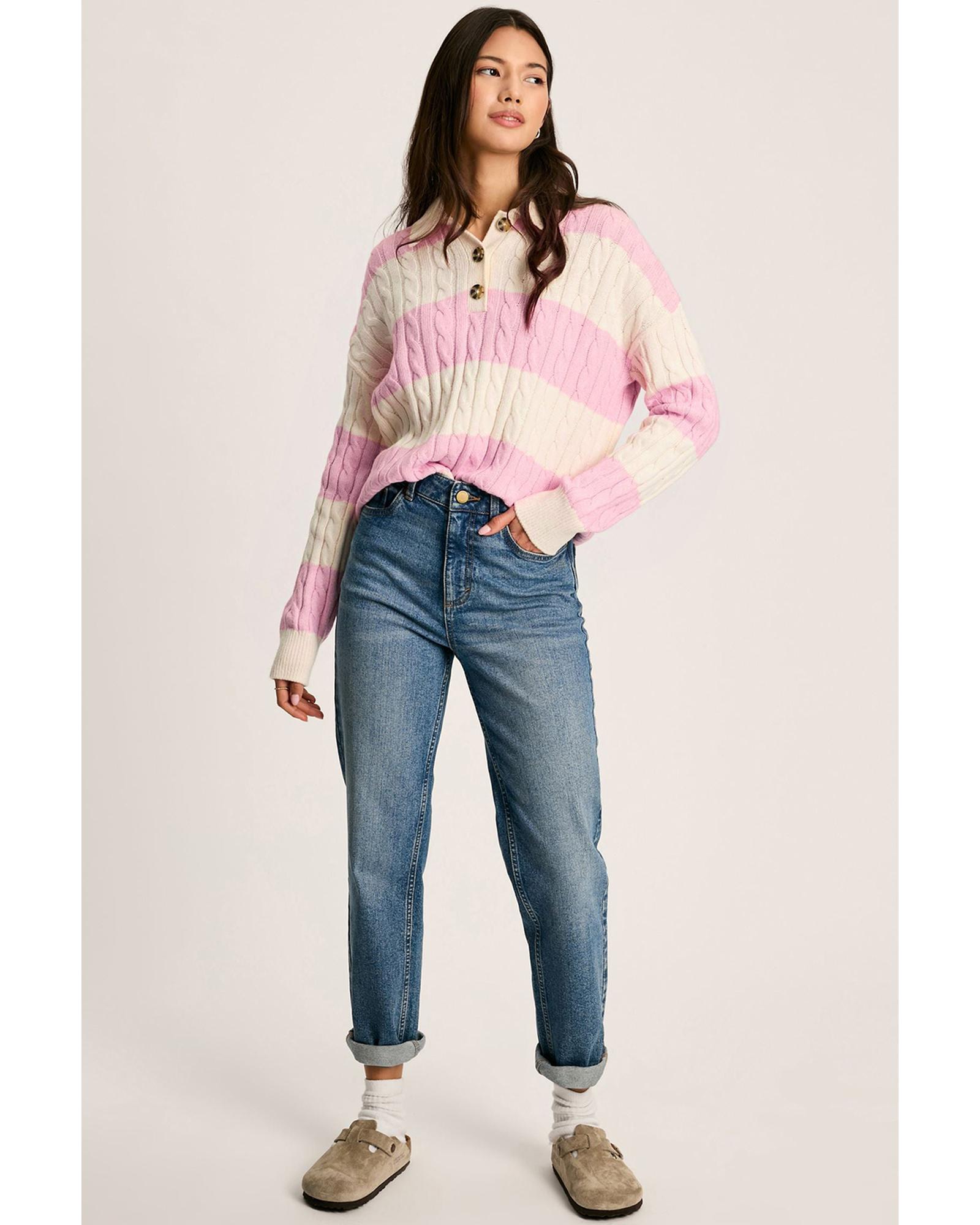 V539-AZEXDC2725731-P1019-M-202508291600-00 Pink Stripe Cable Knit Collared Henley Sweater - M - Image 1