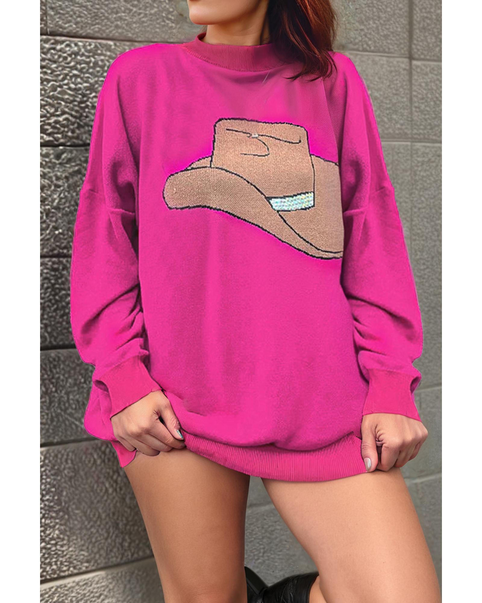 V539-AZEXDC2725742-P6-L-202508292015-00 Rose Red YEEHAW Cowboy Hat Drop Shoulder Oversized Sweater - L - Image 1