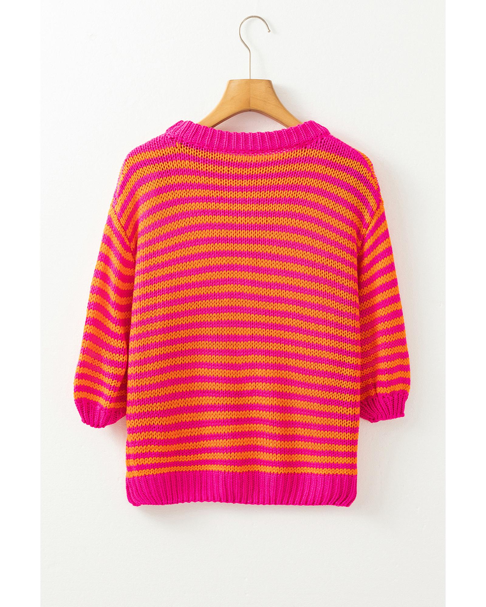 V539-AZEXDC2725765-P619-XL-202508281755-00 Rose Stripe 3/4 Puff Sleeve Drop Shoulder Sweater - XL - Image 1