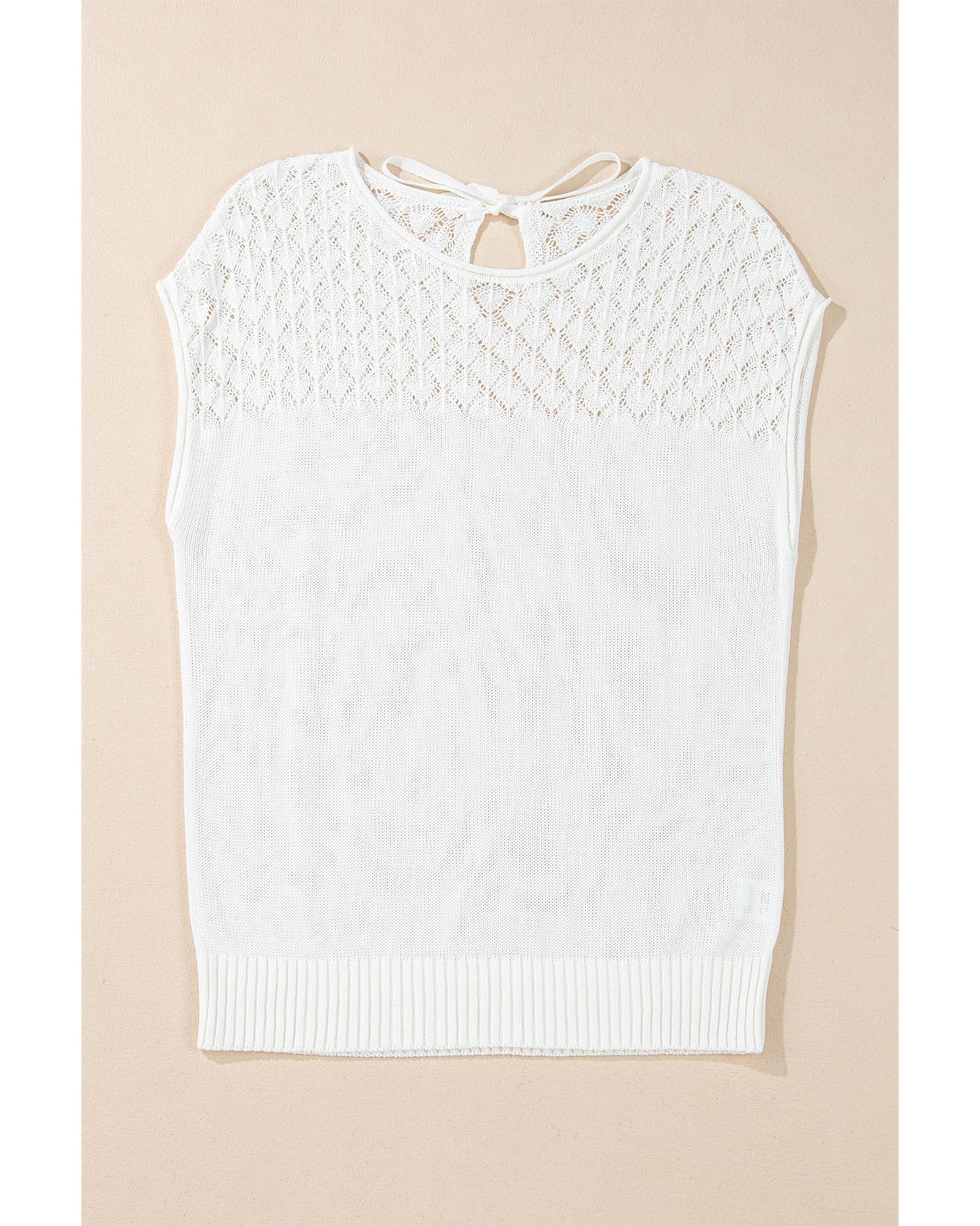 V539-AZEXDC2725777-P1-M-202508282315-00 White Eyelet Knit Tied Back Short Sleeve Sweater - M - Image 1