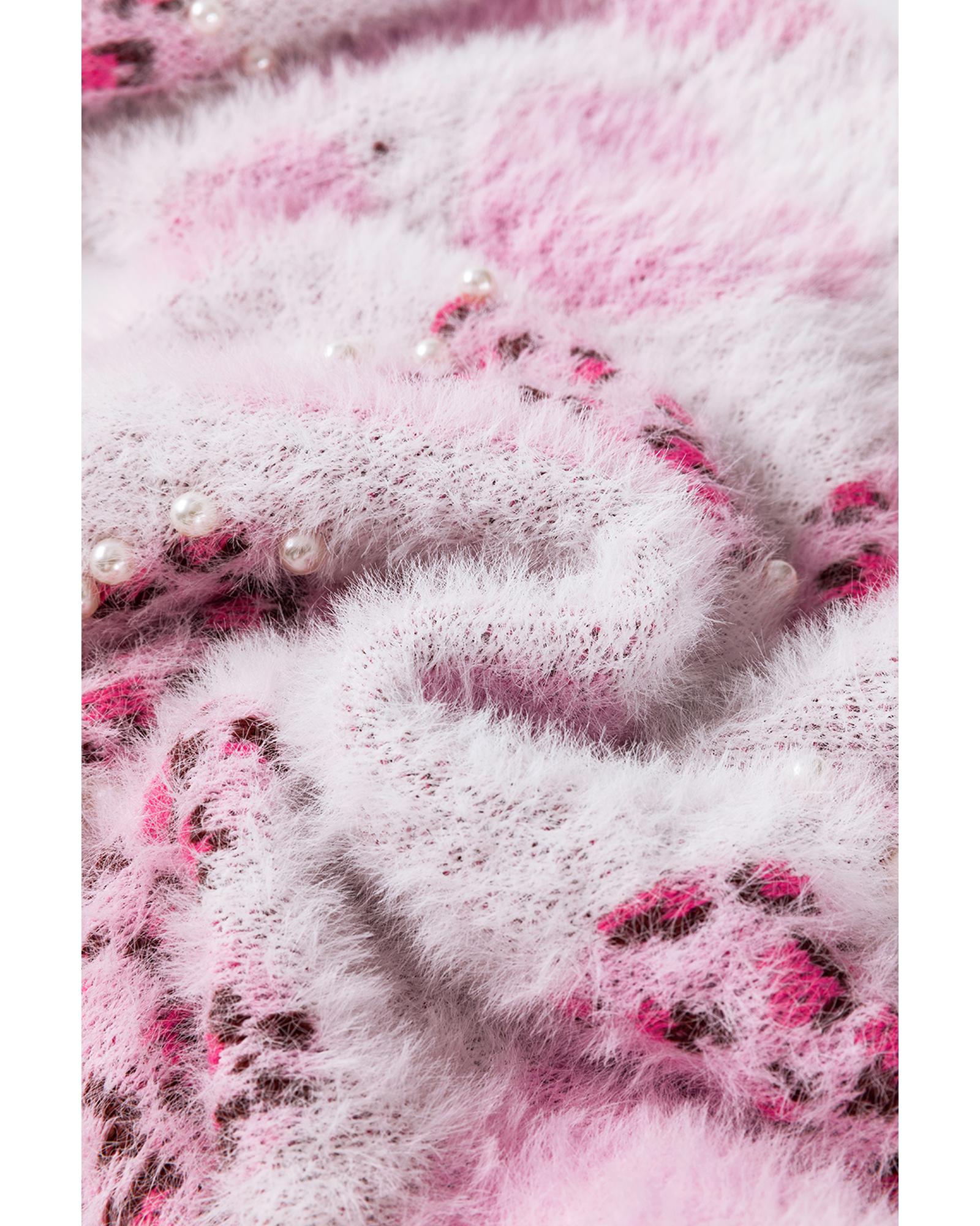 V539-AZEXDC2725858-P1022-XL-202508290100-00 Pink Heart Leopard Print Pearled Ribbed Trim Fuzzy Sweater - XL - Image 1