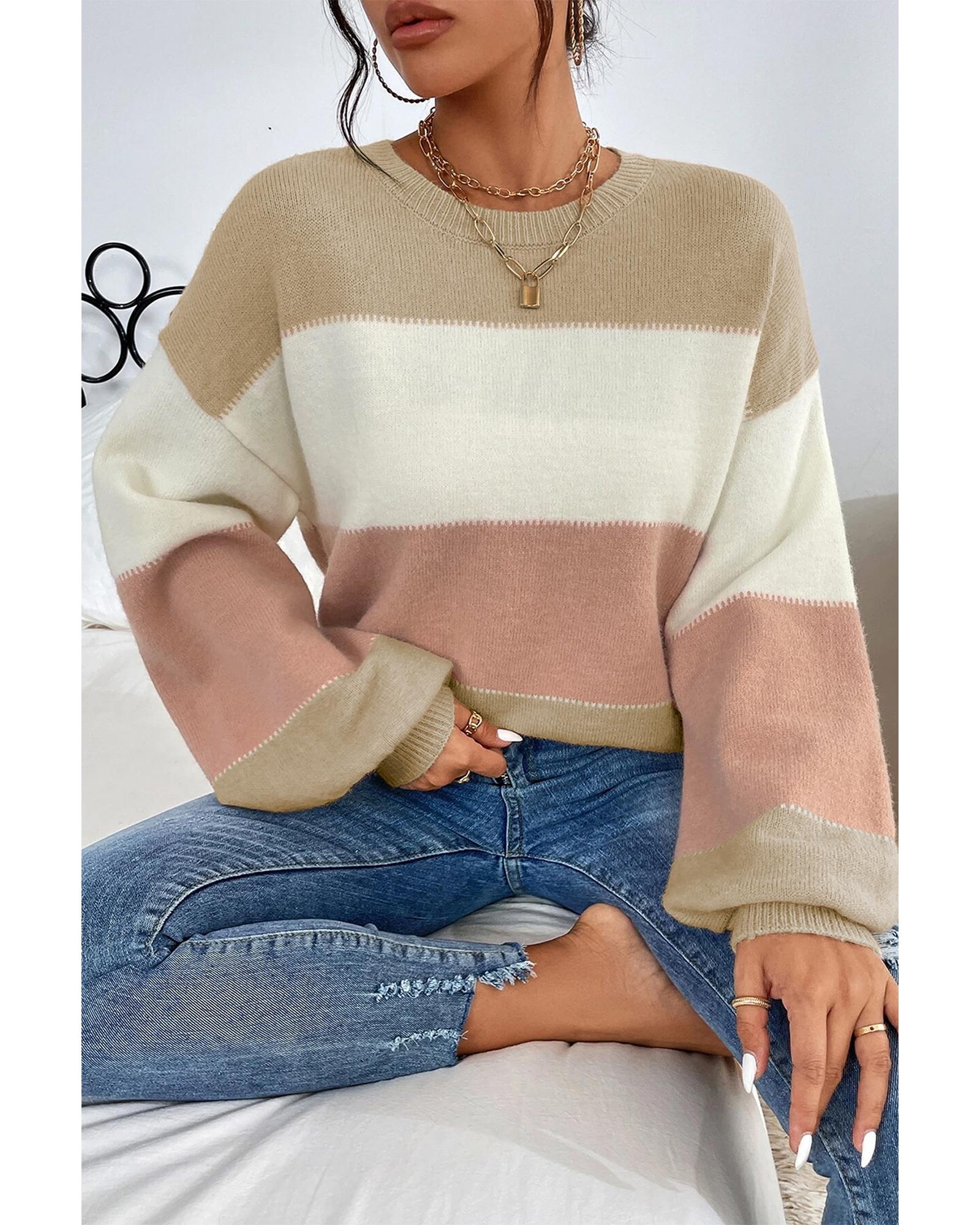 V539-AZEXDC2725968-P9010-L-202508291335-00 Dusty Pink Color Block Lantern Sleeve Drop Shoulder Sweater - L - Image 1
