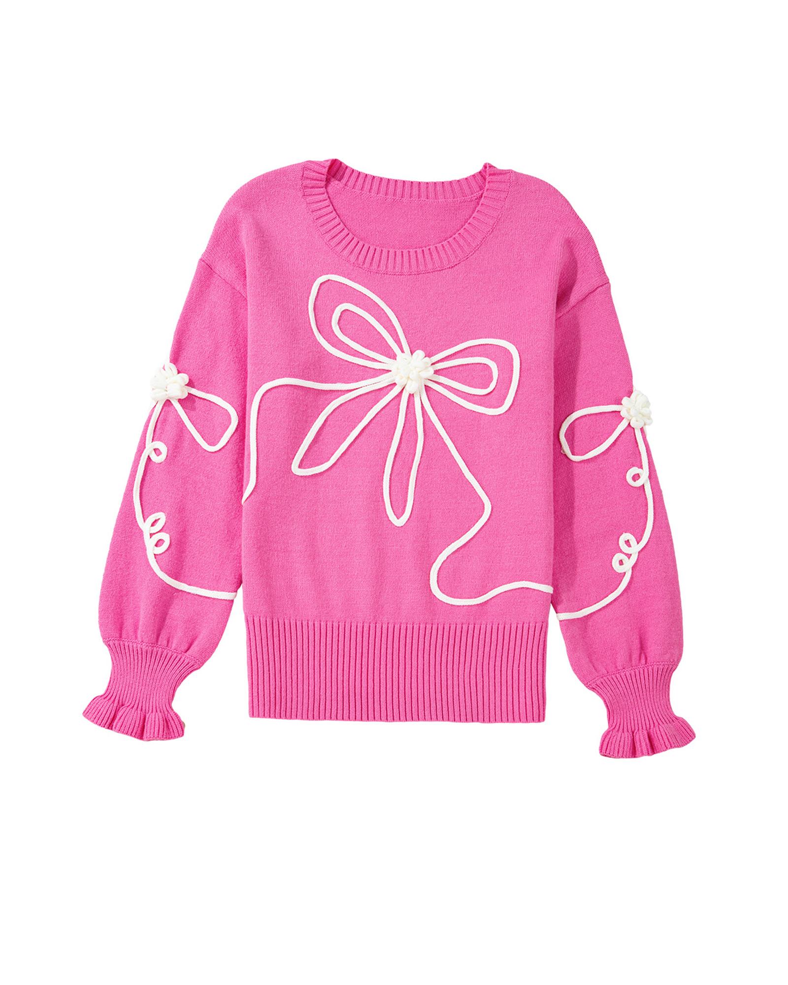 V539-AZEXDC2725998-P106-S-202506140317-00 Bright Pink Corded Flower Bow Ribbed Trim Casual Sweater - S - Image 1