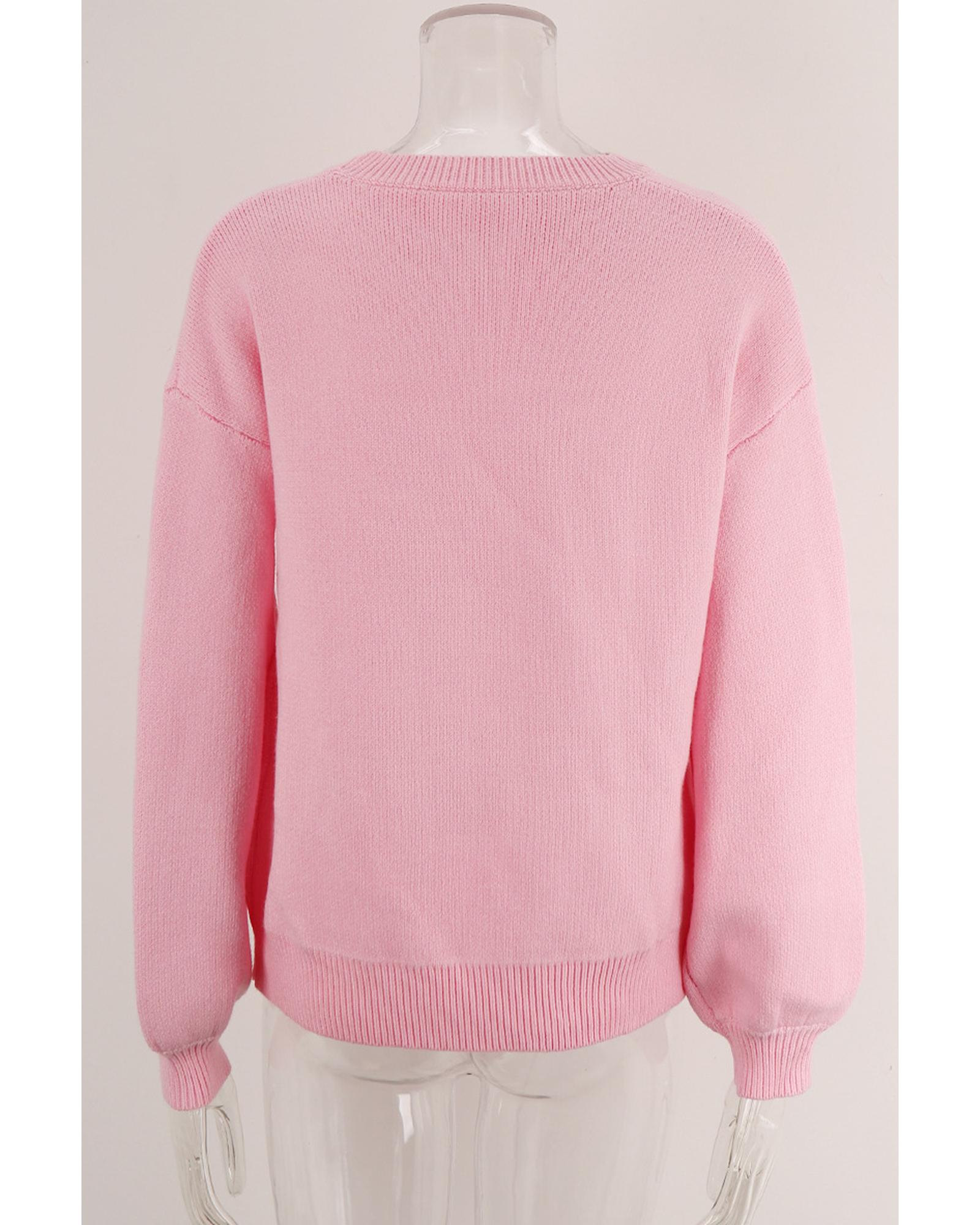 V539-AZEXDC2726197-P10-M-202508281835-00 Pink Bow Graphic Drop Shoulder Round Neck Sweater - M - Image 1