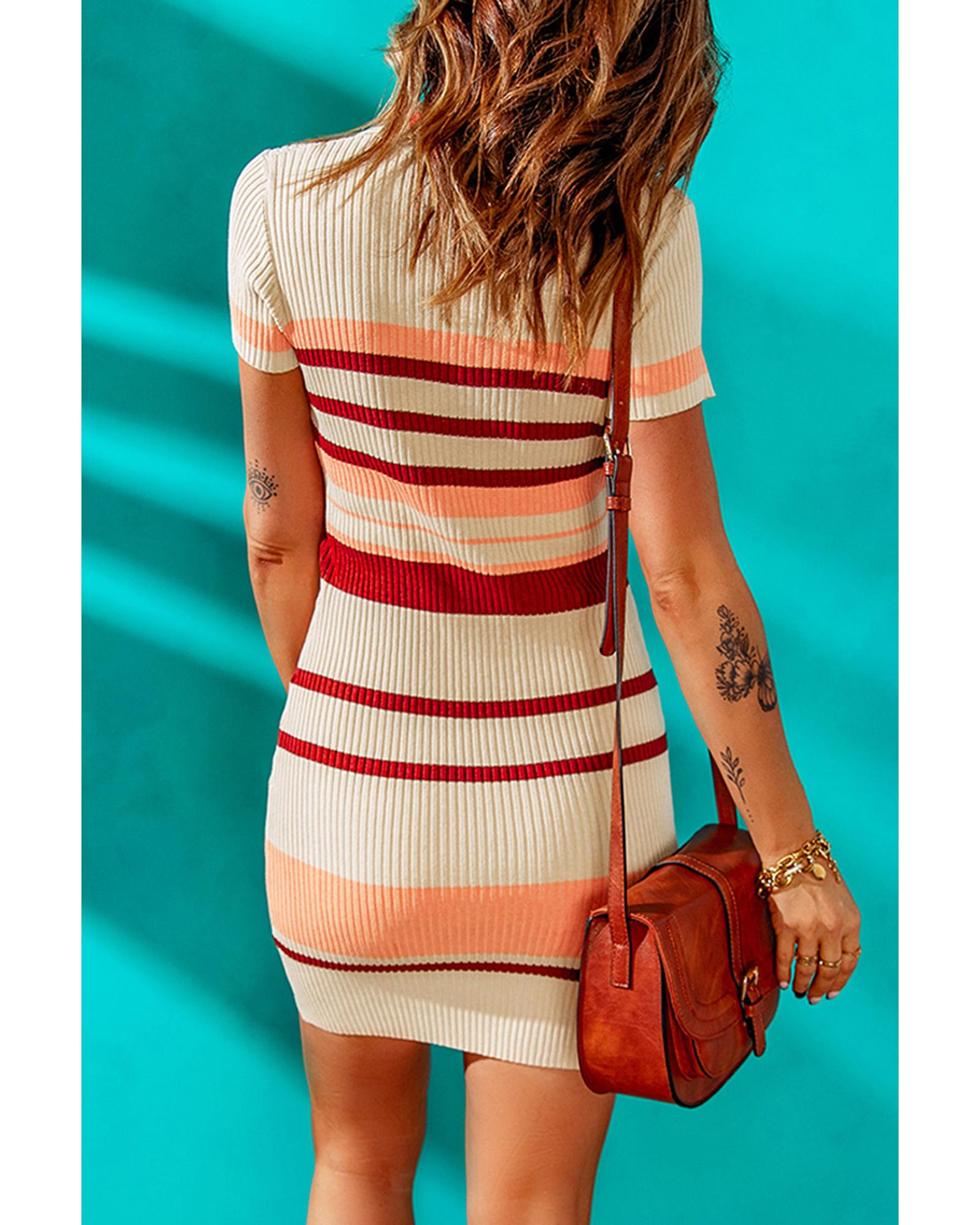 V539-AZEXDC273251-18-S-202506140421-00 Apricot Striped Ribbed Knit V Neck Bodycon Mini Dress - S - Image 1