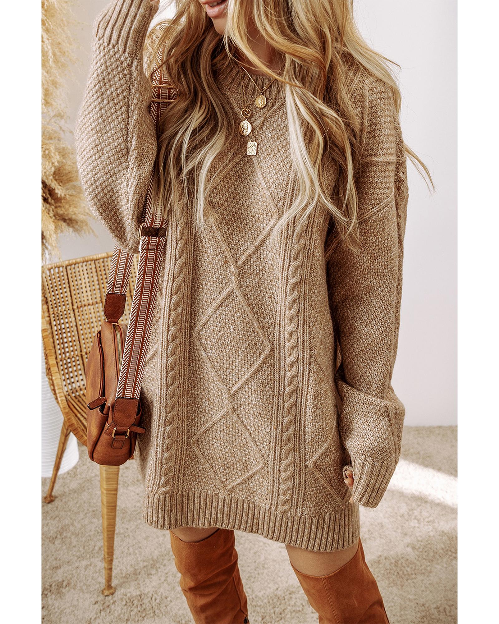 V539-AZEXDC273764-P6016-M-202508291650-00 Parchment Cable Knit Drop Shoulder Loose Fit Sweater Dress - M - Image 1