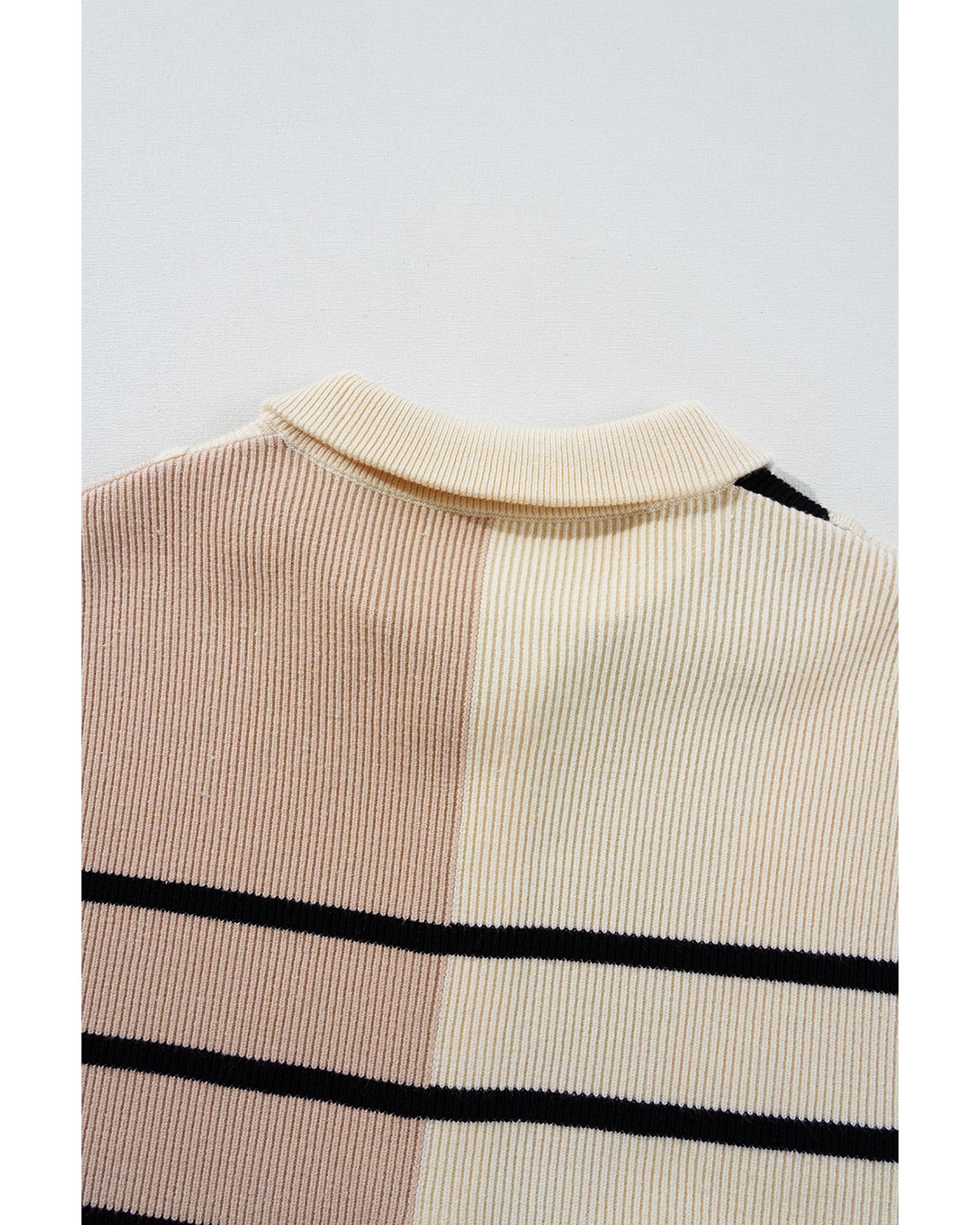V539-AZEXDC273804-P1619-M-202508300625-00 Khaki Stripe Color Block Quarter Zip Collar Short Sleeve Sweater Dress - M - Image 1