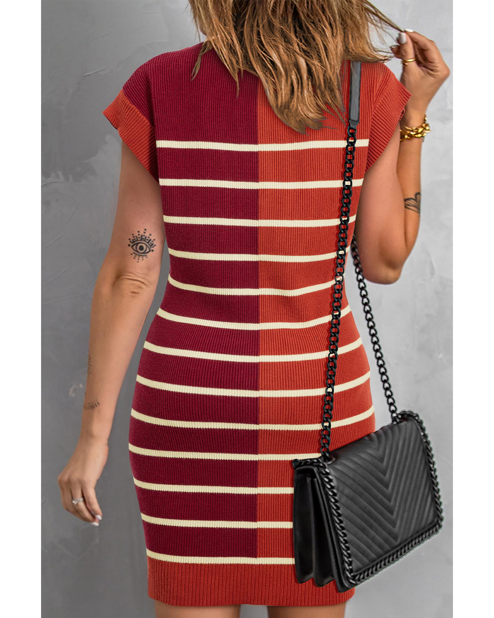 V539-AZEXDC273804-P1719-XL-202508281100-00 Brown Stripe Color Block Quarter Zip Collar Short Sleeve Sweater Dress - XL - Image 1