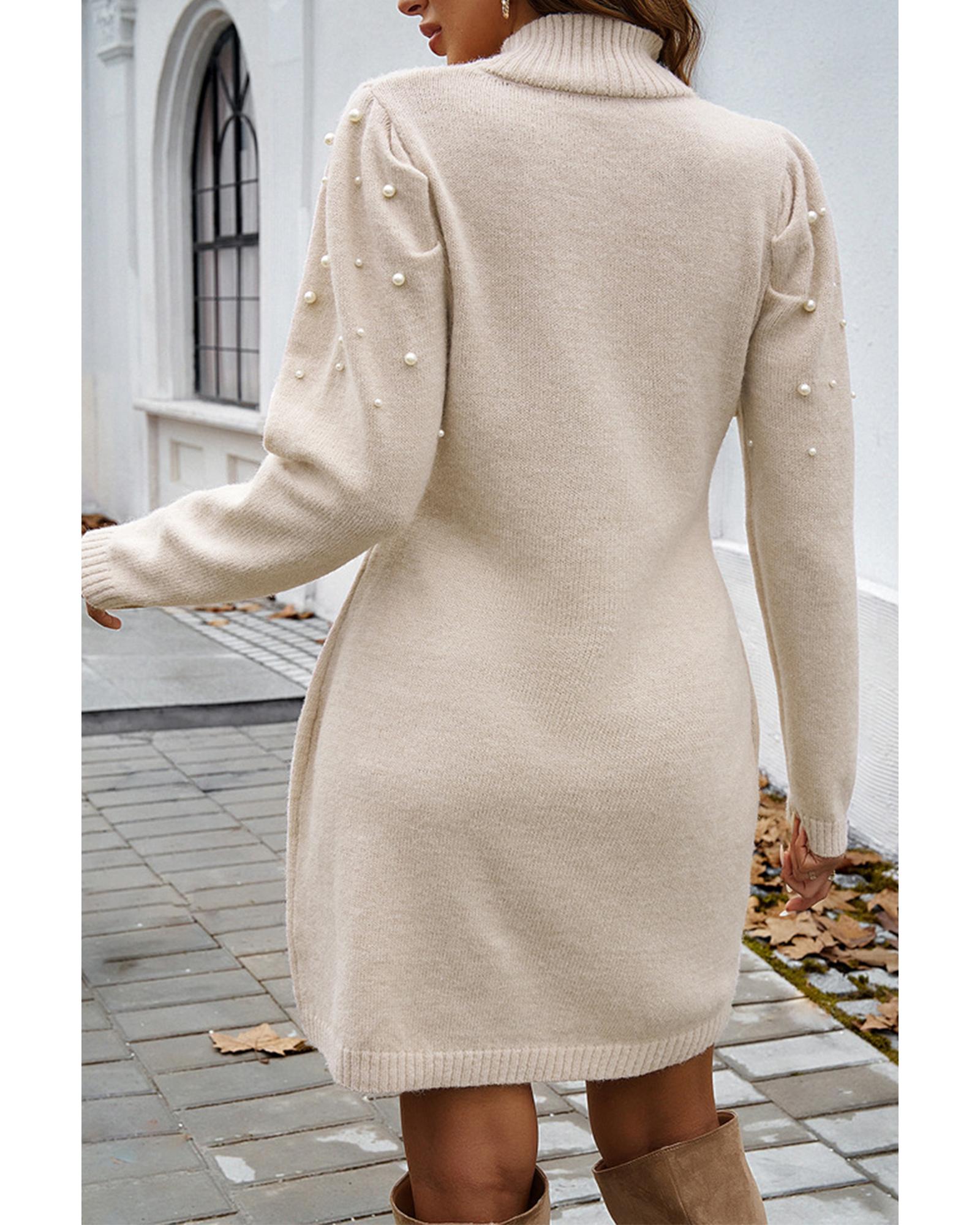 V539-AZEXDC273826-P6016-S-202506140536-00 Parchment Pearl Beaded High Neck Bodycon Sweater Dress - S - Image 1