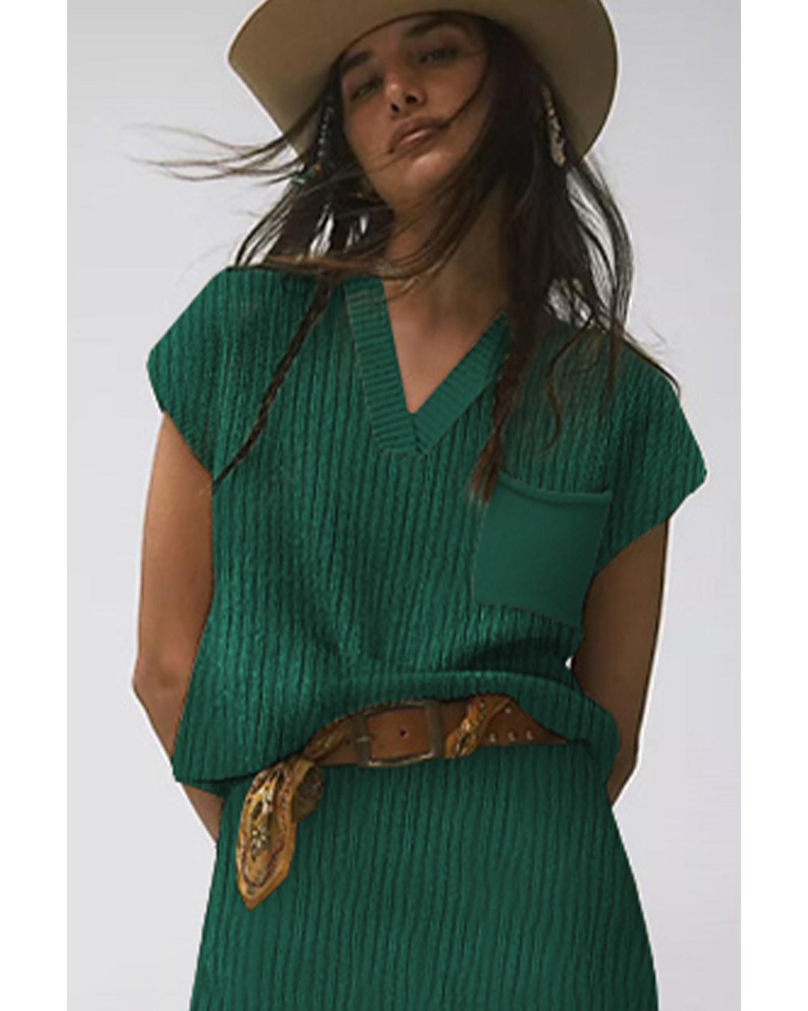 V539-AZEXDC274021-P309-L-202508291715-00 Blackish Green Chest Pocket V Neck Ribbed Cap Sleeve Sweater - L - Image 1