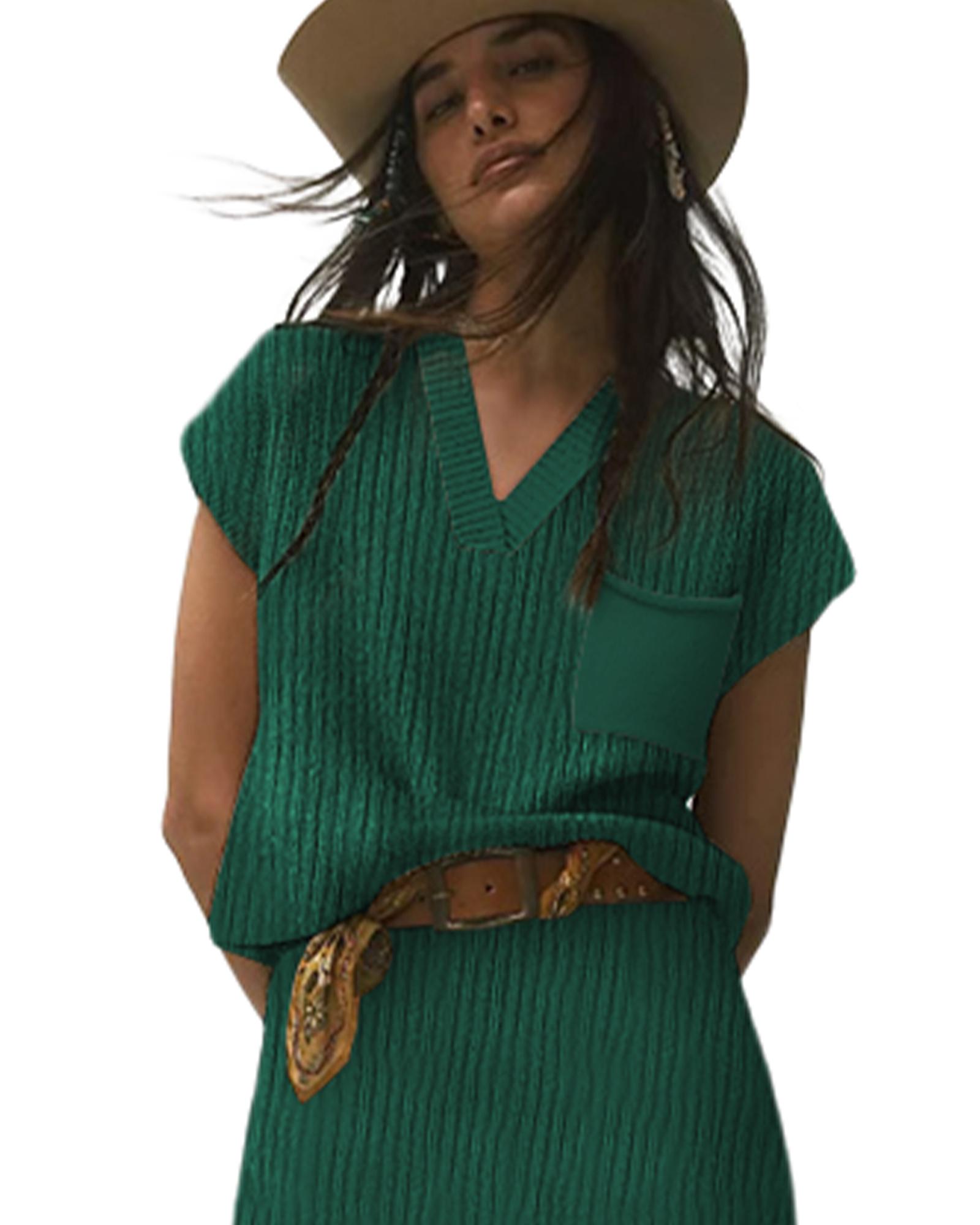 V539-AZEXDC274021-P309-S-202506140545-00 Blackish Green Chest Pocket V Neck Ribbed Cap Sleeve Sweater - S - Image 1