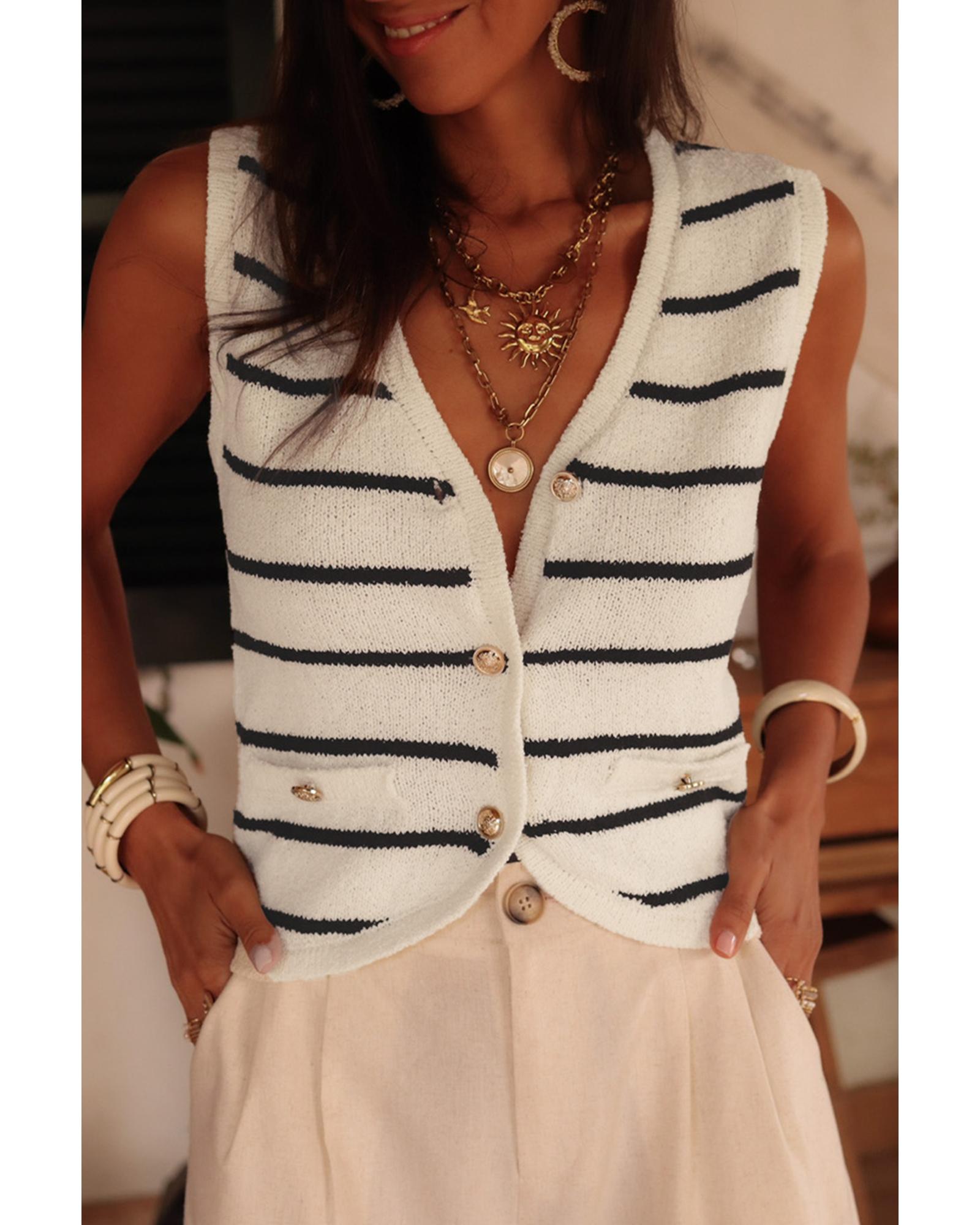 V539-AZEXDC274091-P219-M-202508281310-00 Black Stripe Buttoned V Neck Slim Fit Sweater Vest - M - Image 1