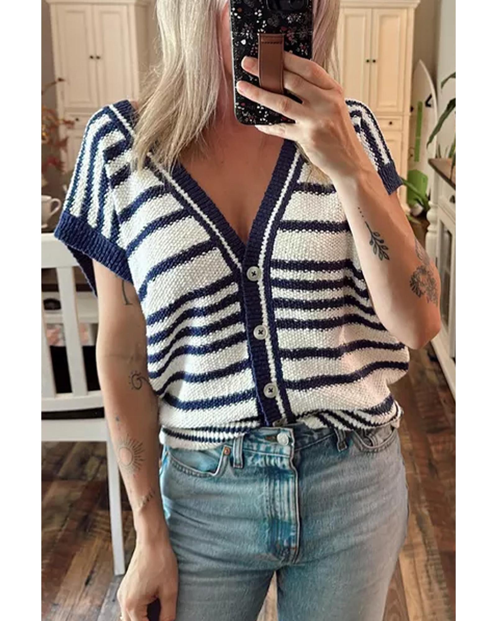 V539-AZEXDC274101-P519-S-202506140616-00 Blue Stripe Loose Buttoned V Neck Sweater Vest - S - Image 1