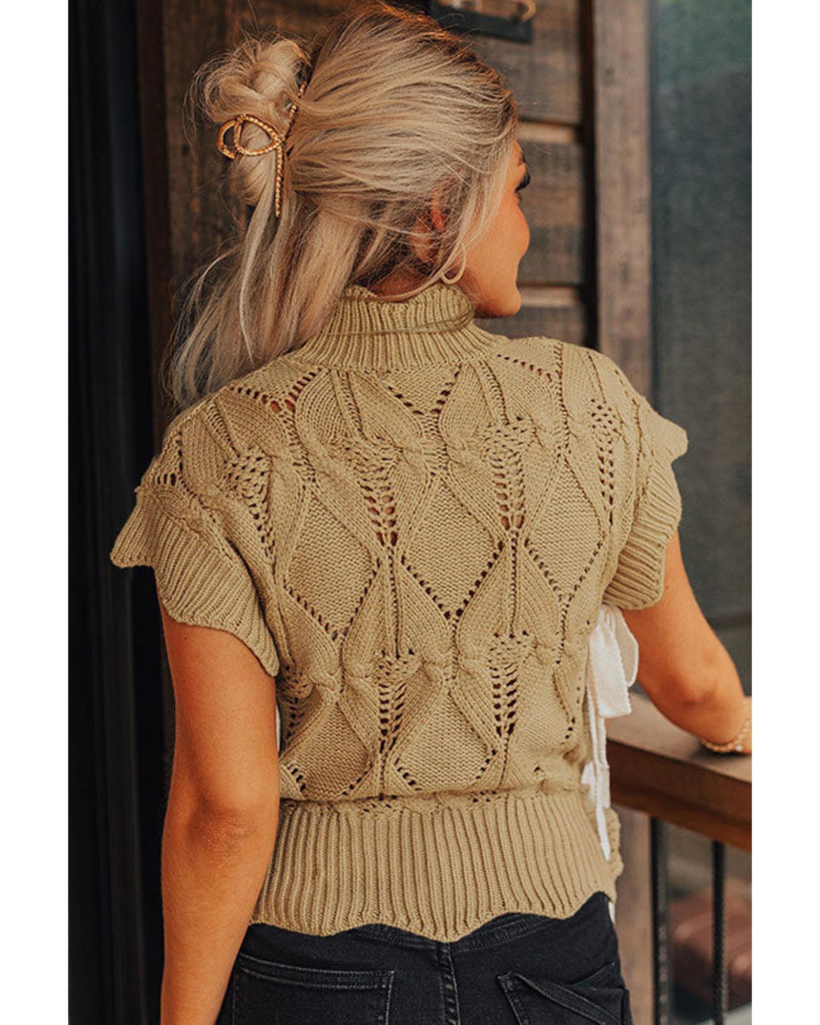 V539-AZEXDC276175-P4016-M-202508280240-00 Light French Beige Hollowed Knit Scalloped Trim High Neck Sweater - M - Image 1