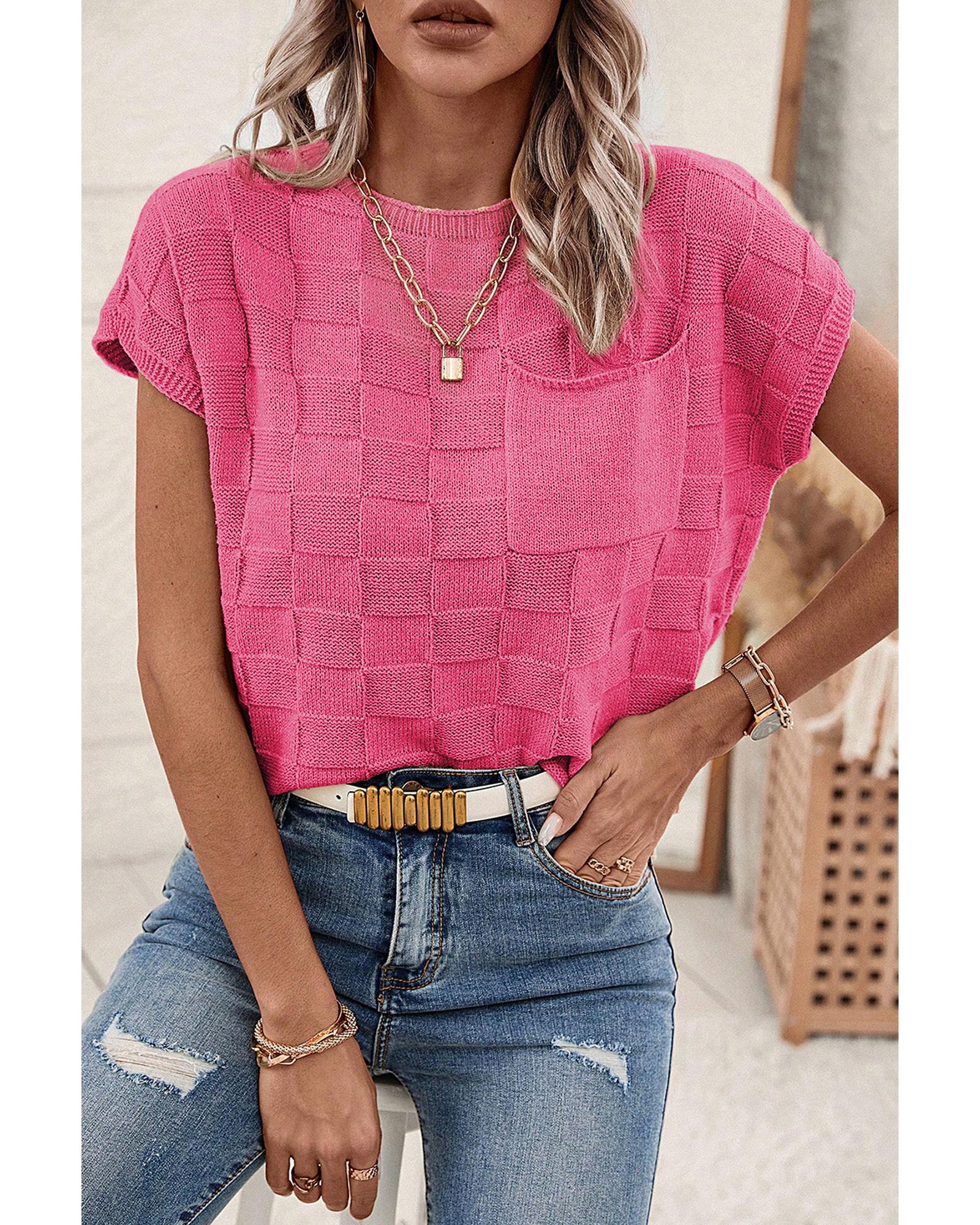 V539-AZEXDC276182-P106-2XL-202508280635-00 Bright Pink Lattice Textured Knit Short Sleeve Sweater - 2XL - Image 1