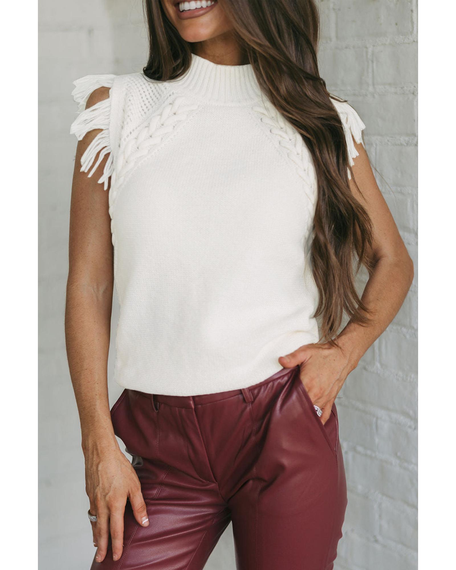 V539-AZEXDC276185-P1-XL-202508291345-00 White Woven Tasseled Sleeveless Mock Neck Sweater Vest - XL - Image 1
