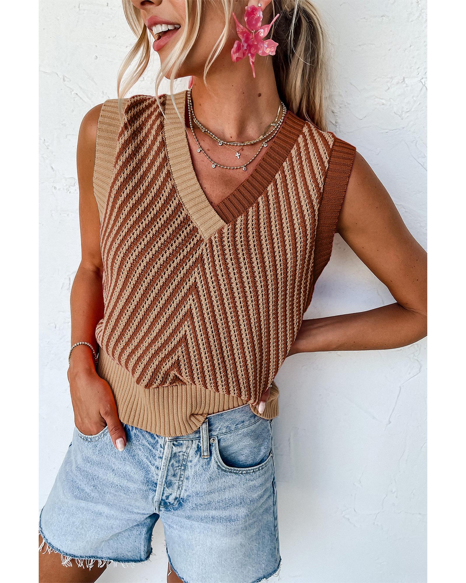 V539-AZEXDC276220-P4016-S-202506140311-00 Light French Beige Contrast Chevron Knit V Neck Sweater Vest - S - Image 1