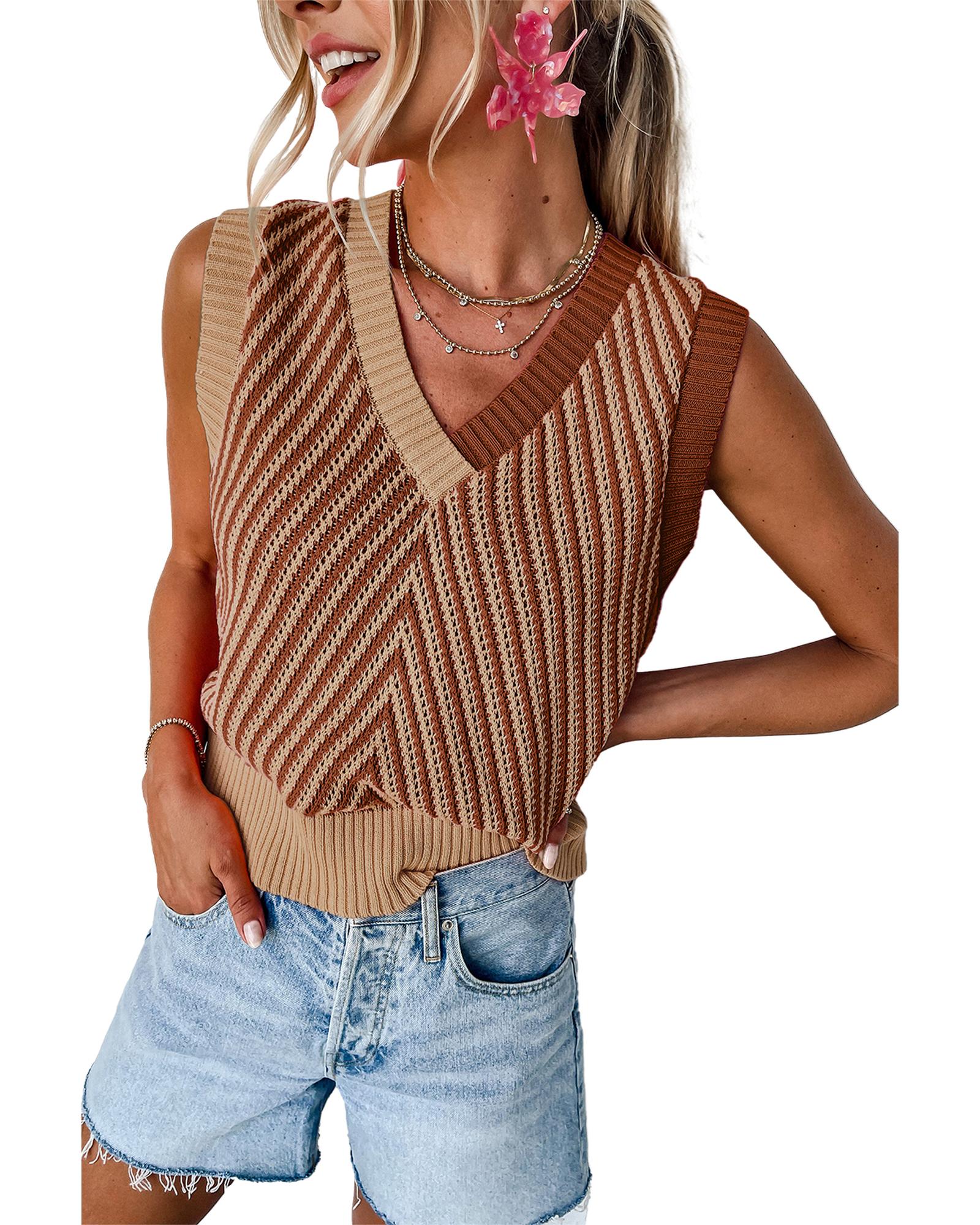 V539-AZEXDC276220-P4016-XL-202508280600-00 Light French Beige Contrast Chevron Knit V Neck Sweater Vest - XL - Image 1