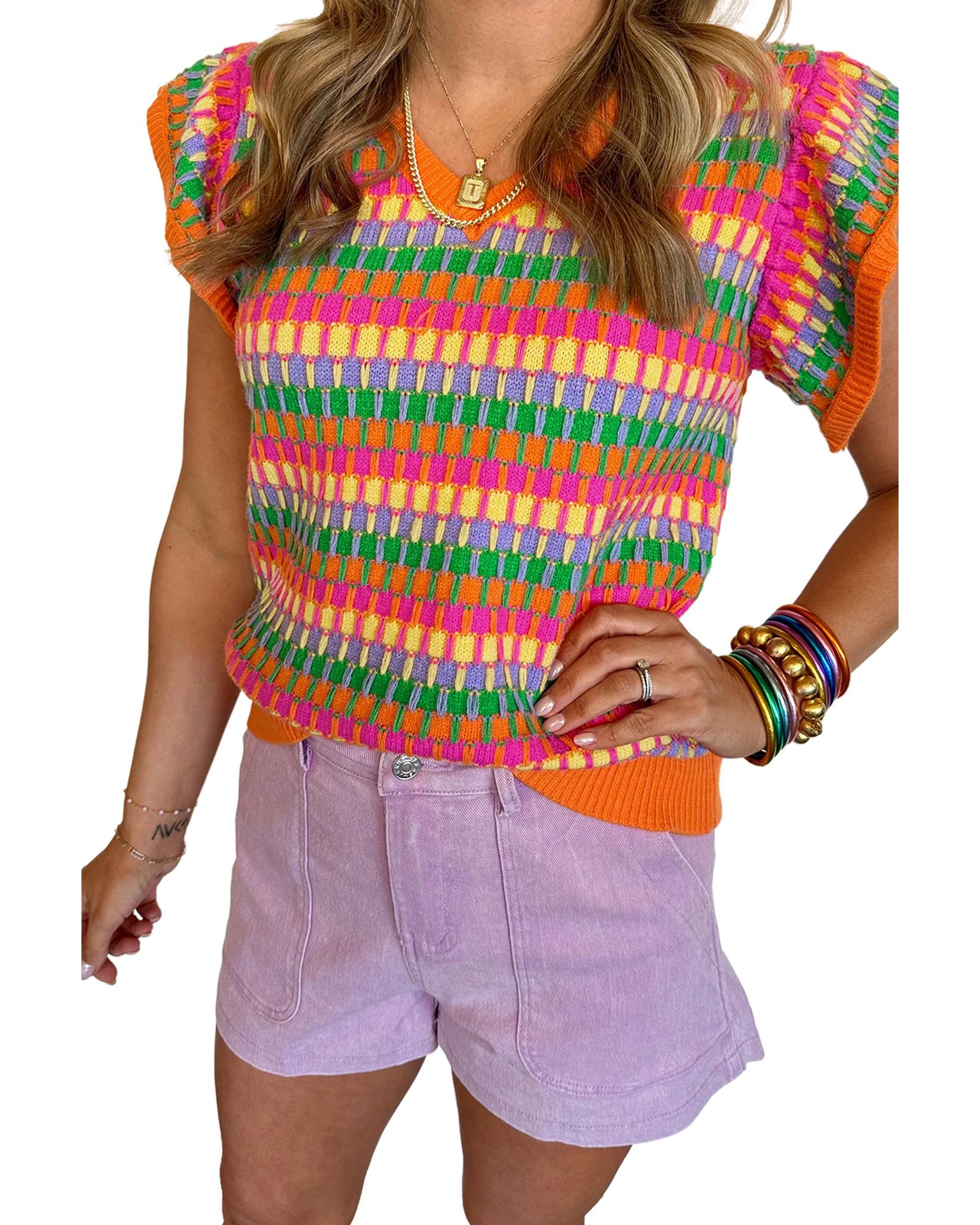 V539-AZEXDC276441-P1422-S-202506140415-00 Orange Multicolor Flutter Sleeve Knitted Sweater Top - S - Image 1