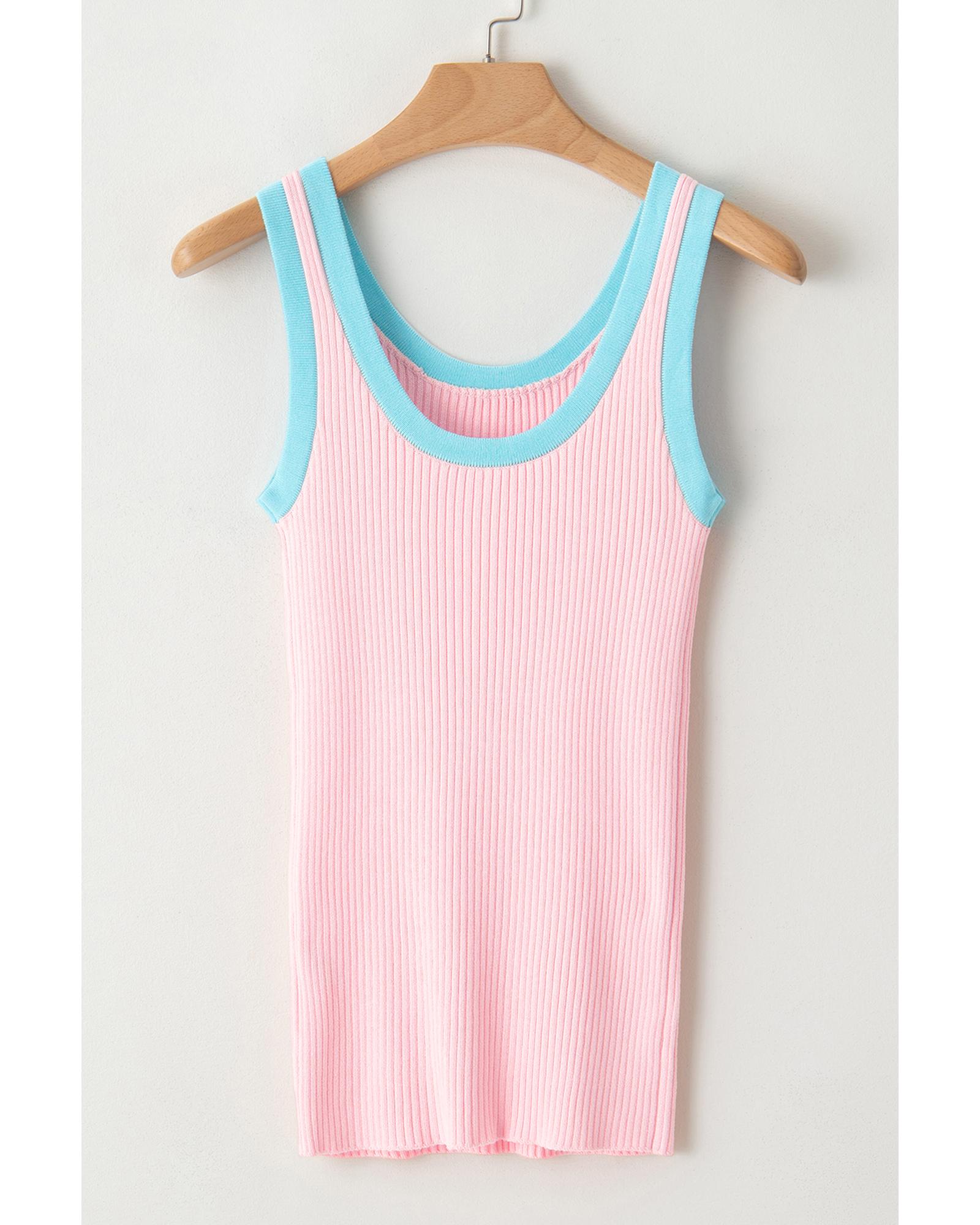 V539-AZEXDC276456-P10-L-202506140425-00 Pink Colorblock Edge Ribbed Knit U Neck Tank Top - L - Image 1