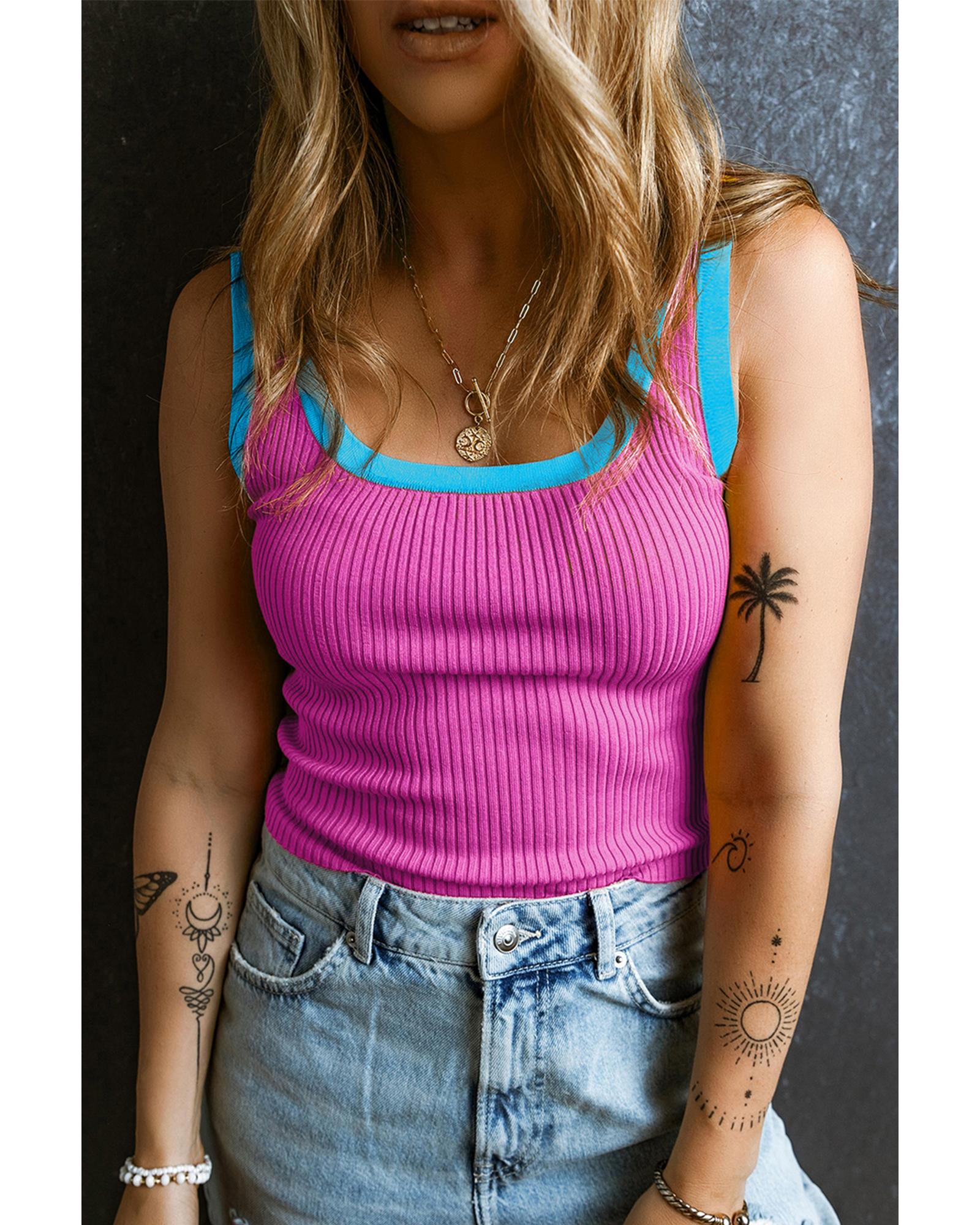 V539-AZEXDC276456-P106-L-202508280250-00 Bright Pink Colorblock Edge Ribbed Knit U Neck Tank Top - L - Image 1