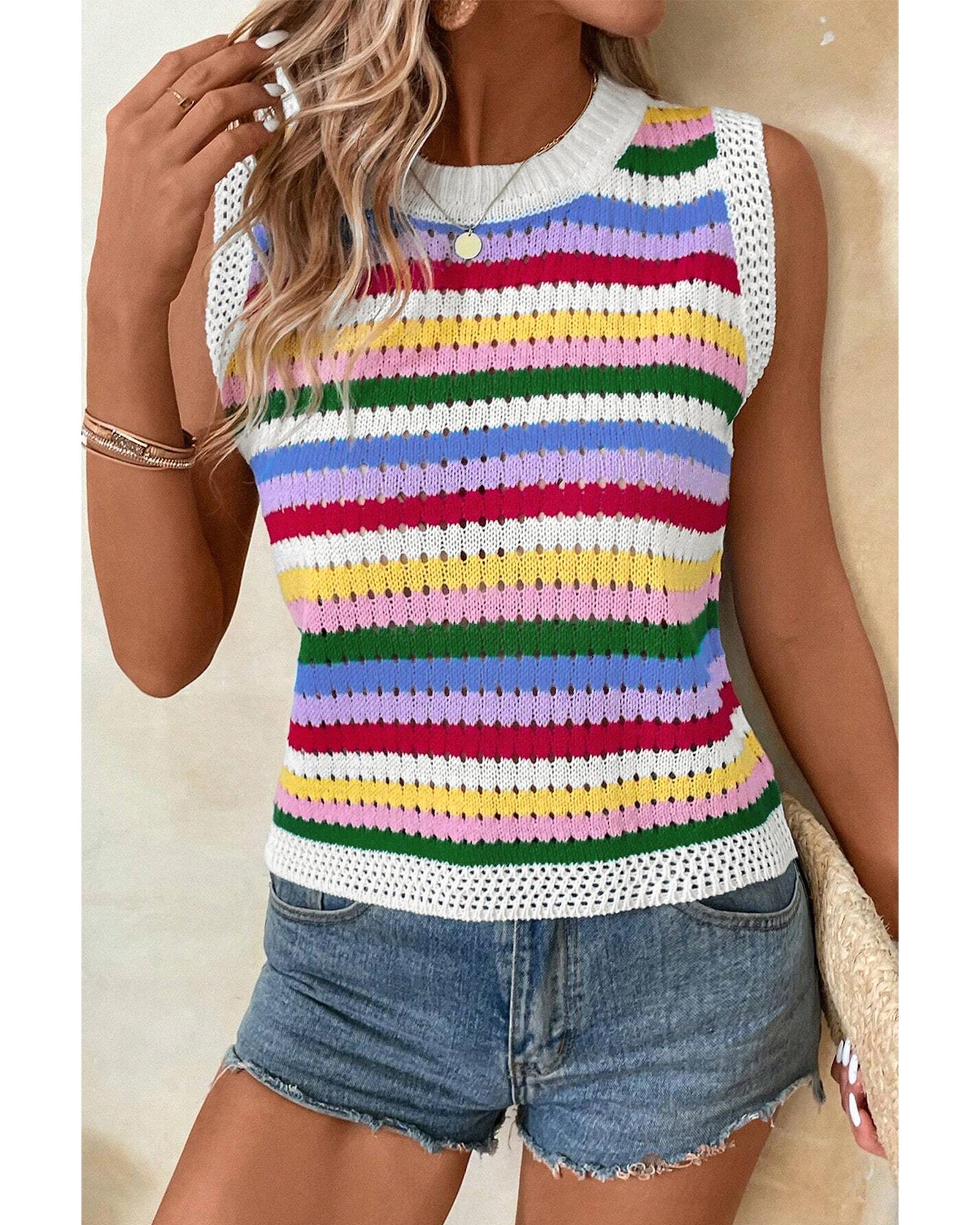 V539-AZEXDC276479-P22-S-202506140432-00 Multicolour Striped Knitted Eyelet Slim Sweater Vest - S - Image 1