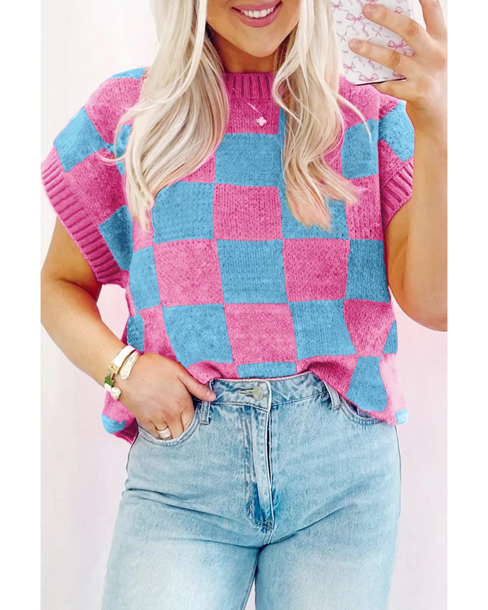 V539-AZEXDC276480-P406-XL-202508292140-00 Sachet Pink Colorblock Plaid Pattern Ribbed Trim Sweater Tank Top - XL - Image 1
