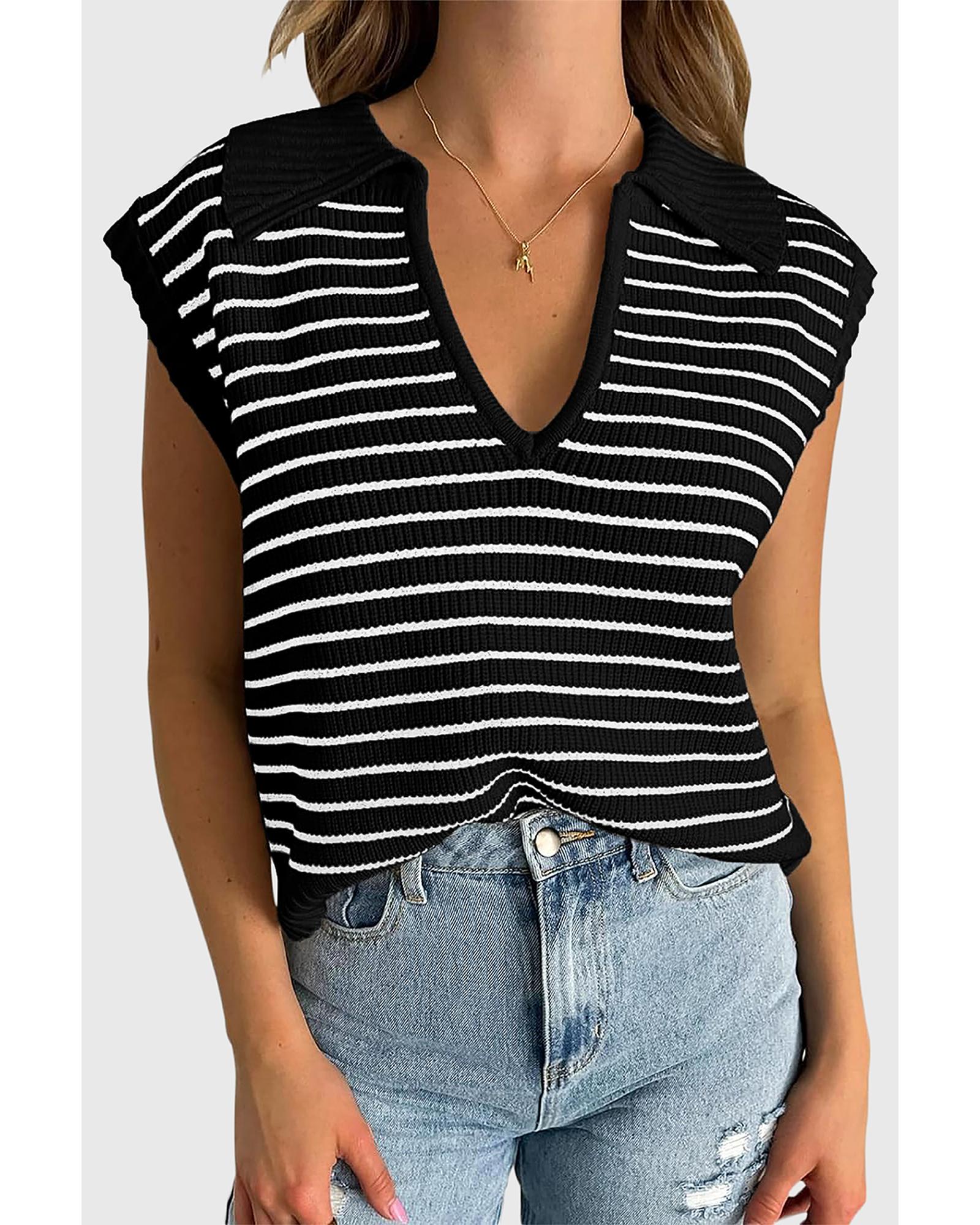V539-AZEXDC276529-P219-M-202508291325-00 Black Stripe Turn-down V Neck Sweater Tank Top - M - Image 1