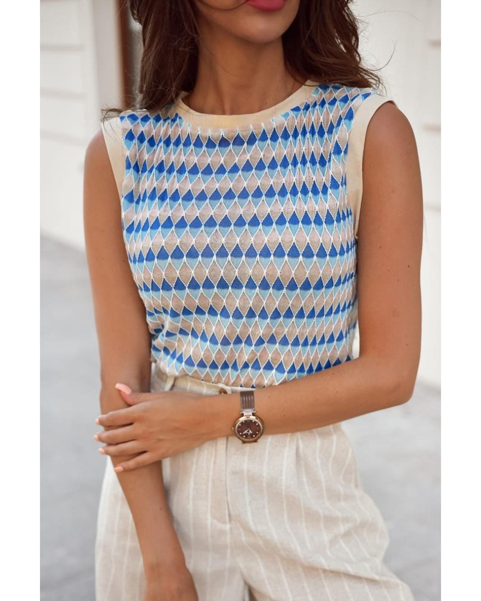 V539-AZEXDC276589-P419-M-202508282035-00 Sky Blue Stripe Geometric Print Round Neck Slim Fit Sweater Vest - M - Image 1