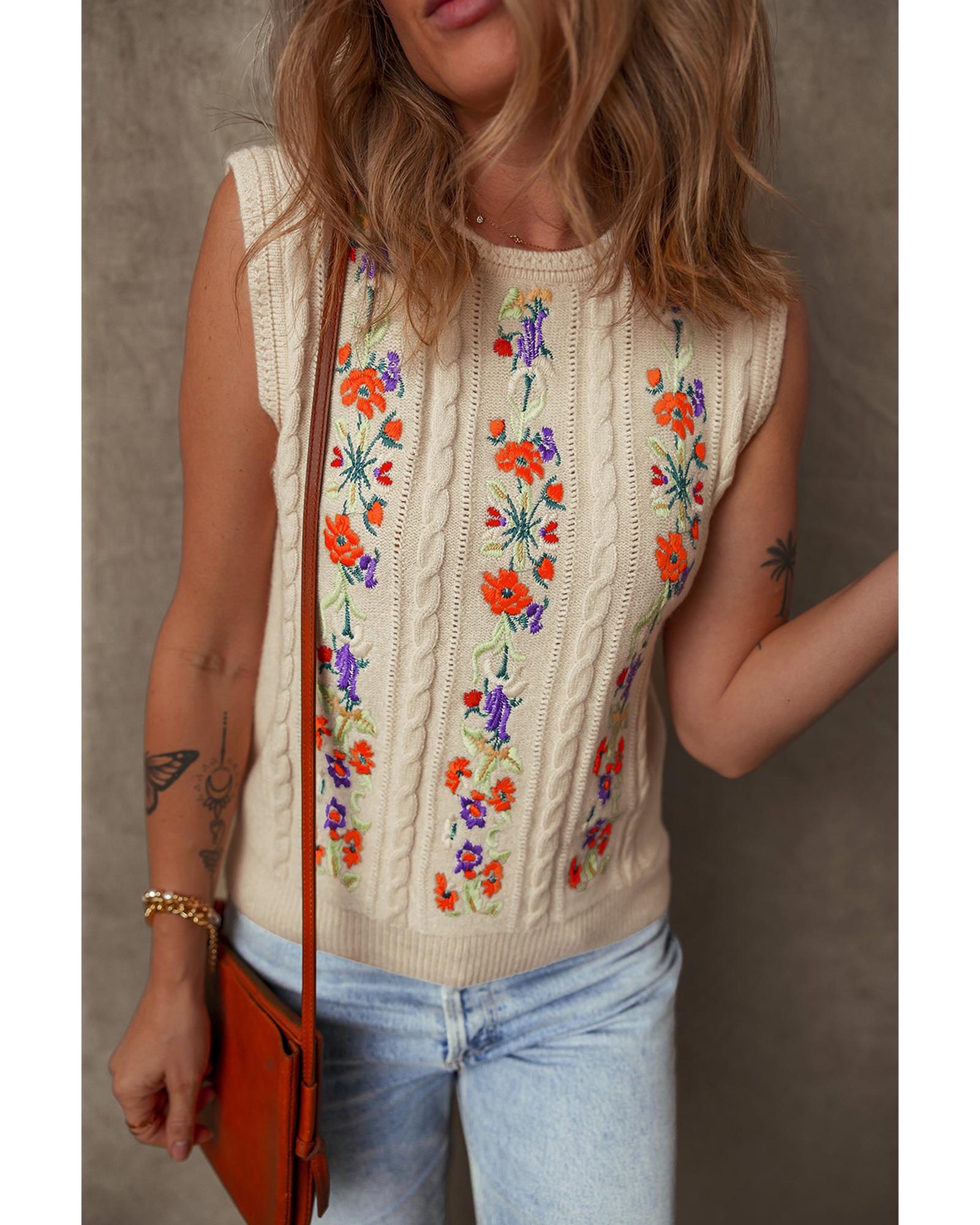 V539-AZEXDC276590-P2015-S-202506140535-00 Jet Stream Embroidered Floral Cable Knit Sweater Vest - S - Image 1