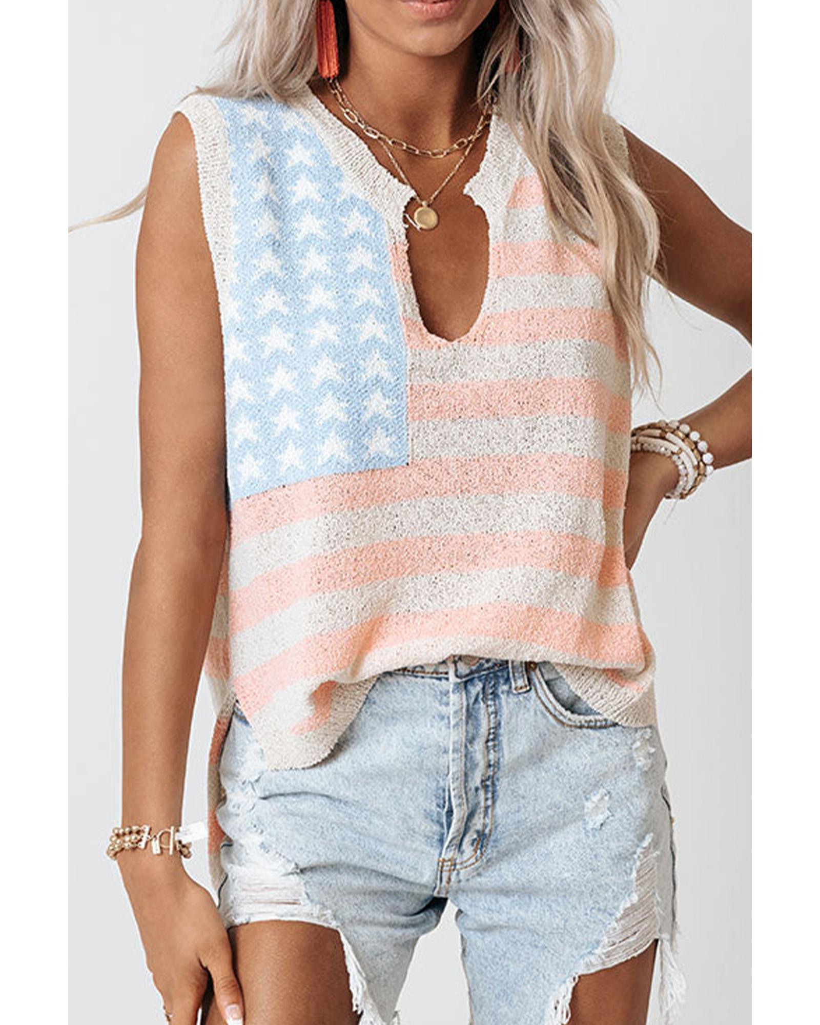 V539-AZEXDC276792-P1520-L-202508280806-00 Beige USA Flag Notched Neckline Loose Sweater Vest - L - Image 1