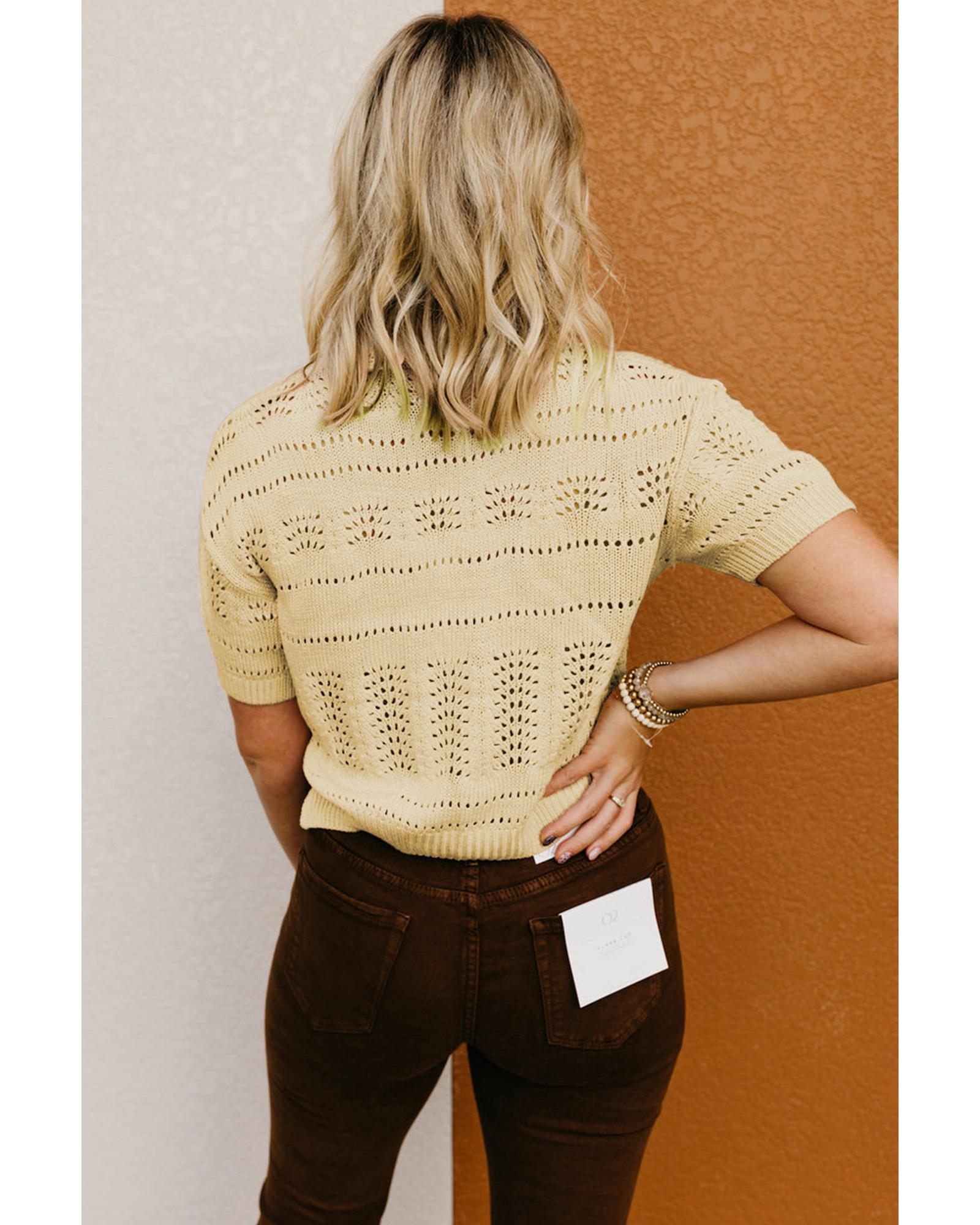 V539-AZEXDC277041-P15-M-202508292305-00 Beige Knitted Hollow out Short Sleeve Crop Sweater - M - Image 1