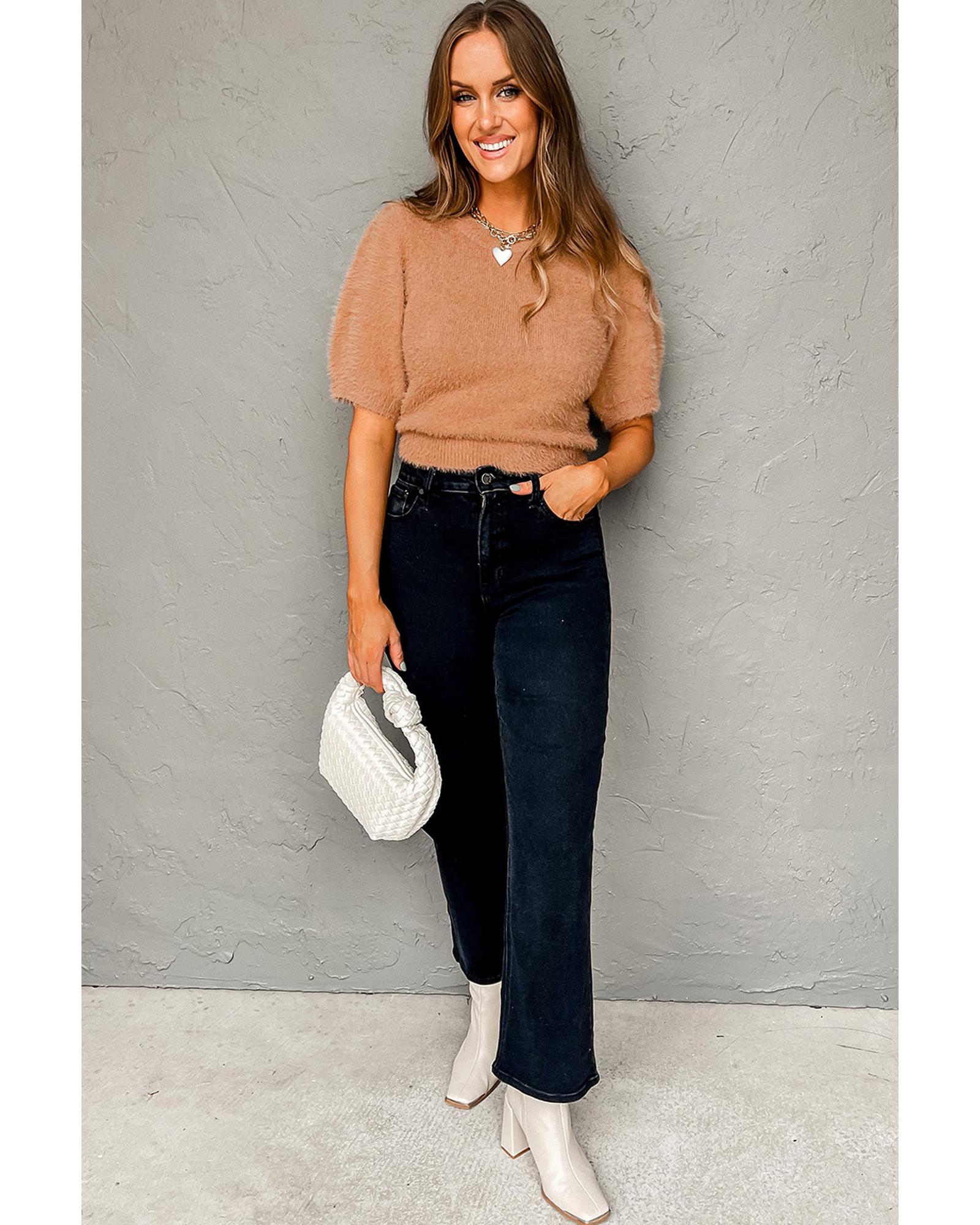 V539-AZEXDC277043-P4016-XL-202508280610-00 Light French Beige Fuzzy Short Sleeve Sweater - XL - Image 1