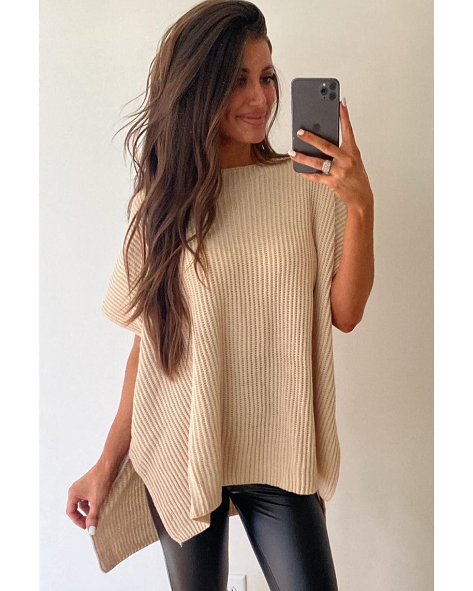 V539-AZEXDC277051-P18-XL-202508282035-00 Apricot Short Sleeve Side Slit Oversized Sweater - XL - Image 1