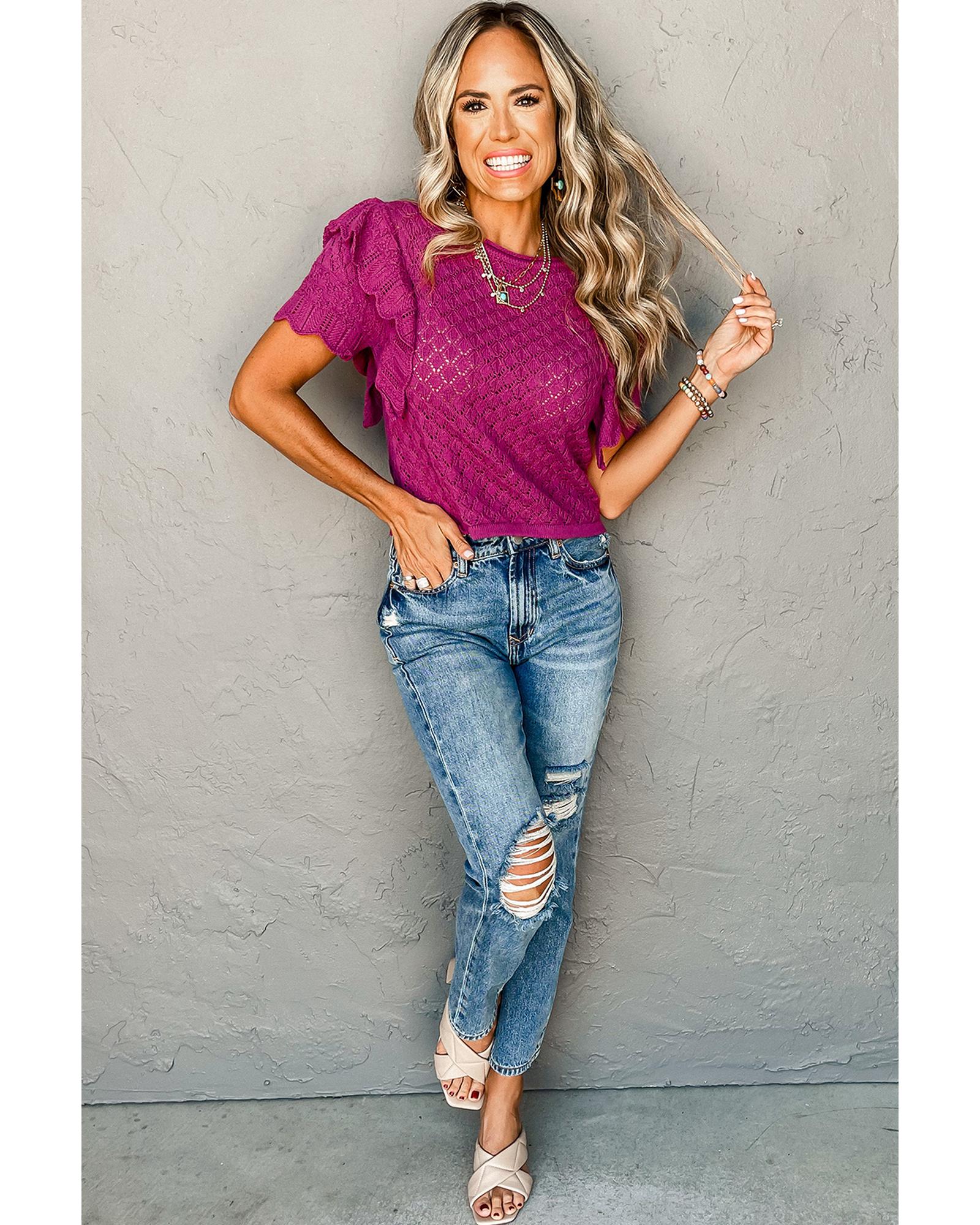 V539-AZEXDC277066-P508-XL-202508282225-00 Violet Ruffled Short Sleeve Textured Knit Sweater - XL - Image 1