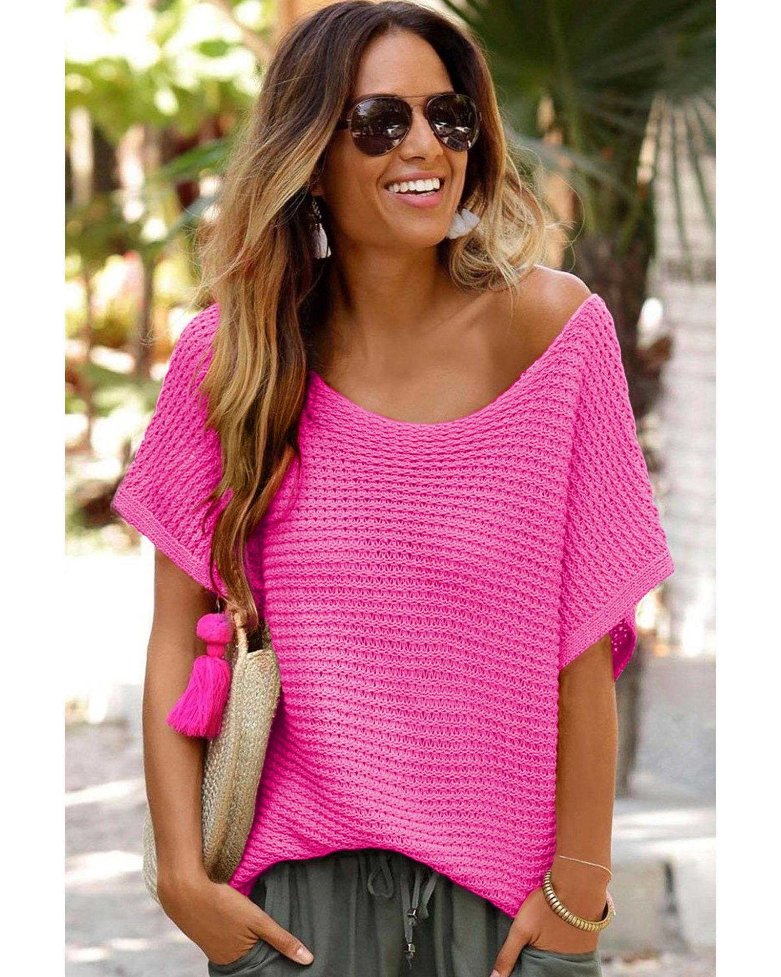 V539-AZEXDC277070-P10-XL-202508290200-00 Pink Solid Loose Knit Short Dolman Sleeve Sweater - XL - Image 1