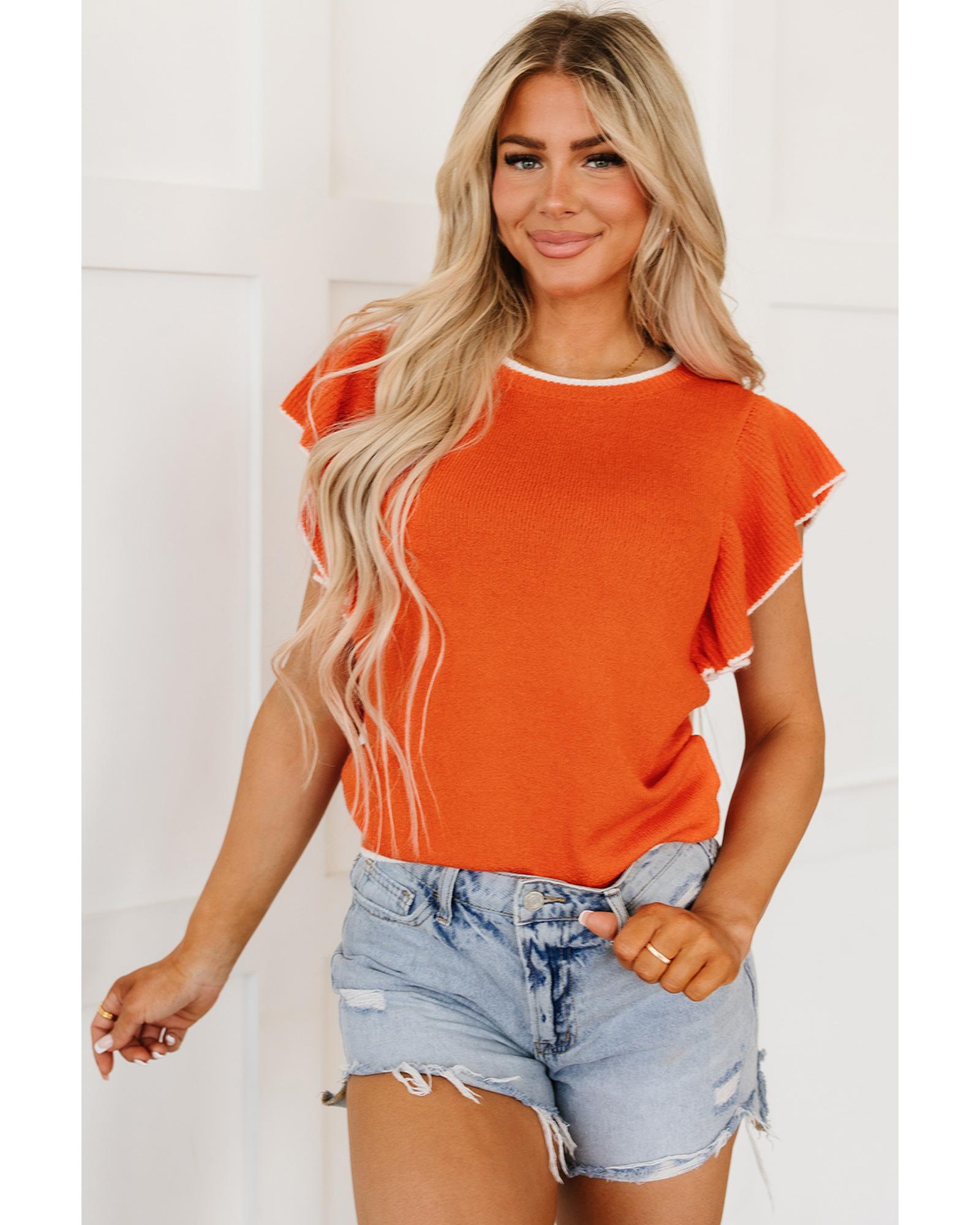 V539-AZEXDC277170-P7014-2XL-202508291305-00 Russet Orange Contrast Trim Ruffle Sleeve Knitted Top - 2XL - Image 1