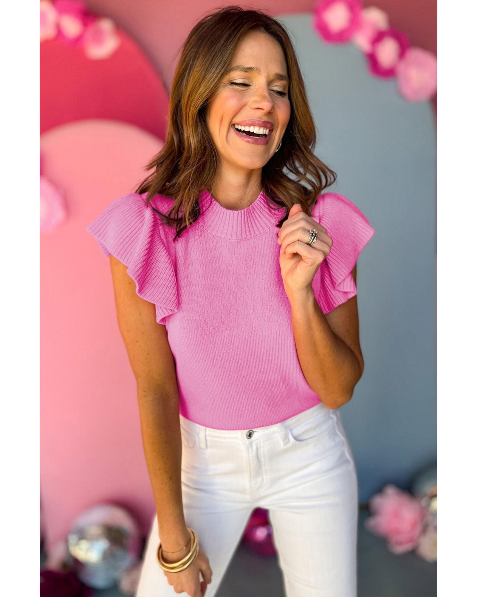 V539-AZEXDC277218-P3010-XL-202508291415-00 Bonbon Ribbed Mock Neck Ruffled Short Sleeve Sweater - XL - Image 1