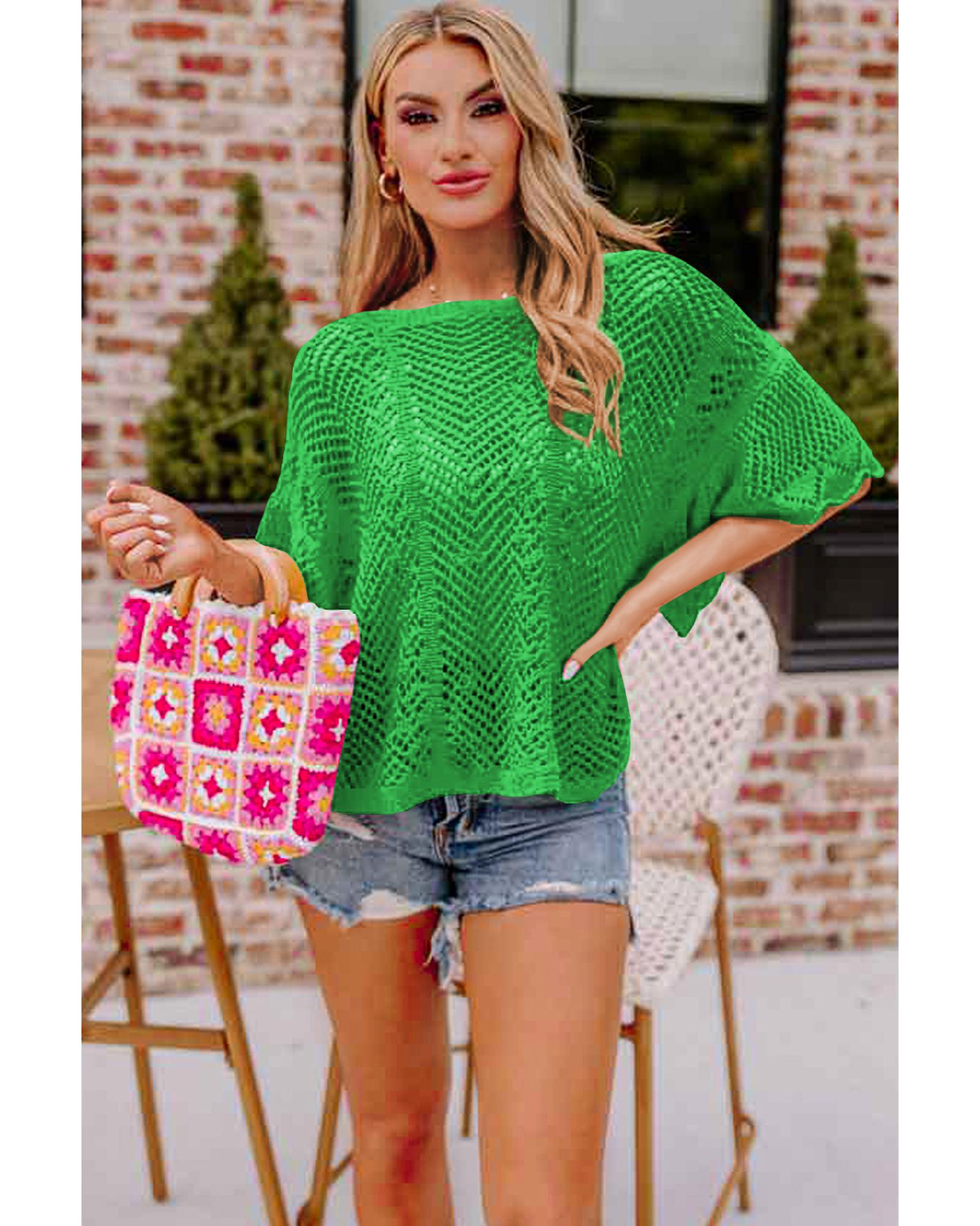 V539-AZEXDC277224-P9-L-202508292155-00 Green Pointelle Knit Scallop Edge Short Sleeve Top - L - Image 1