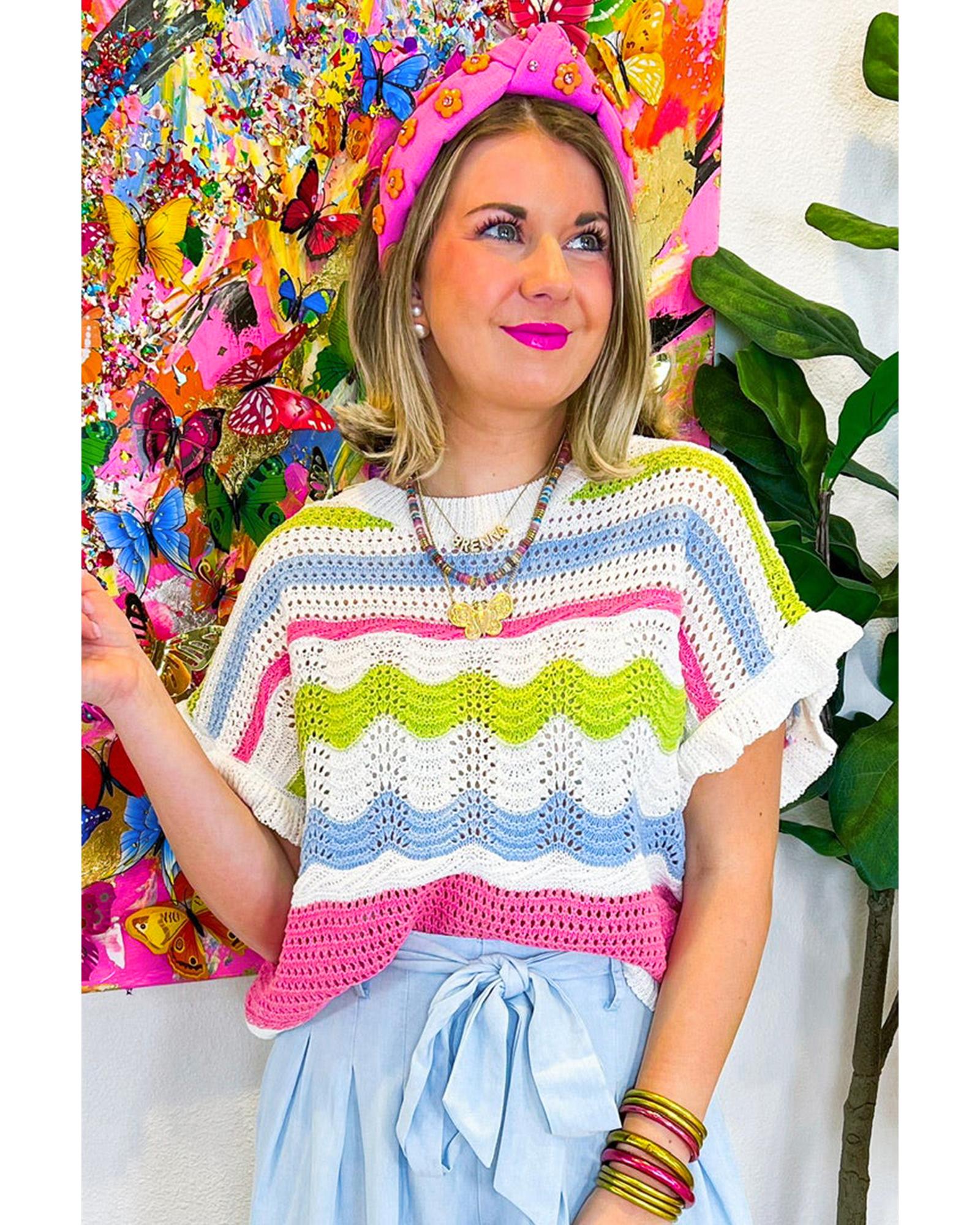 V539-AZEXDC277258-P1-XL-202508280135-00 White Colorblock Crochet Knit Ruffled Short Sleeve Sweater Top - XL - Image 1