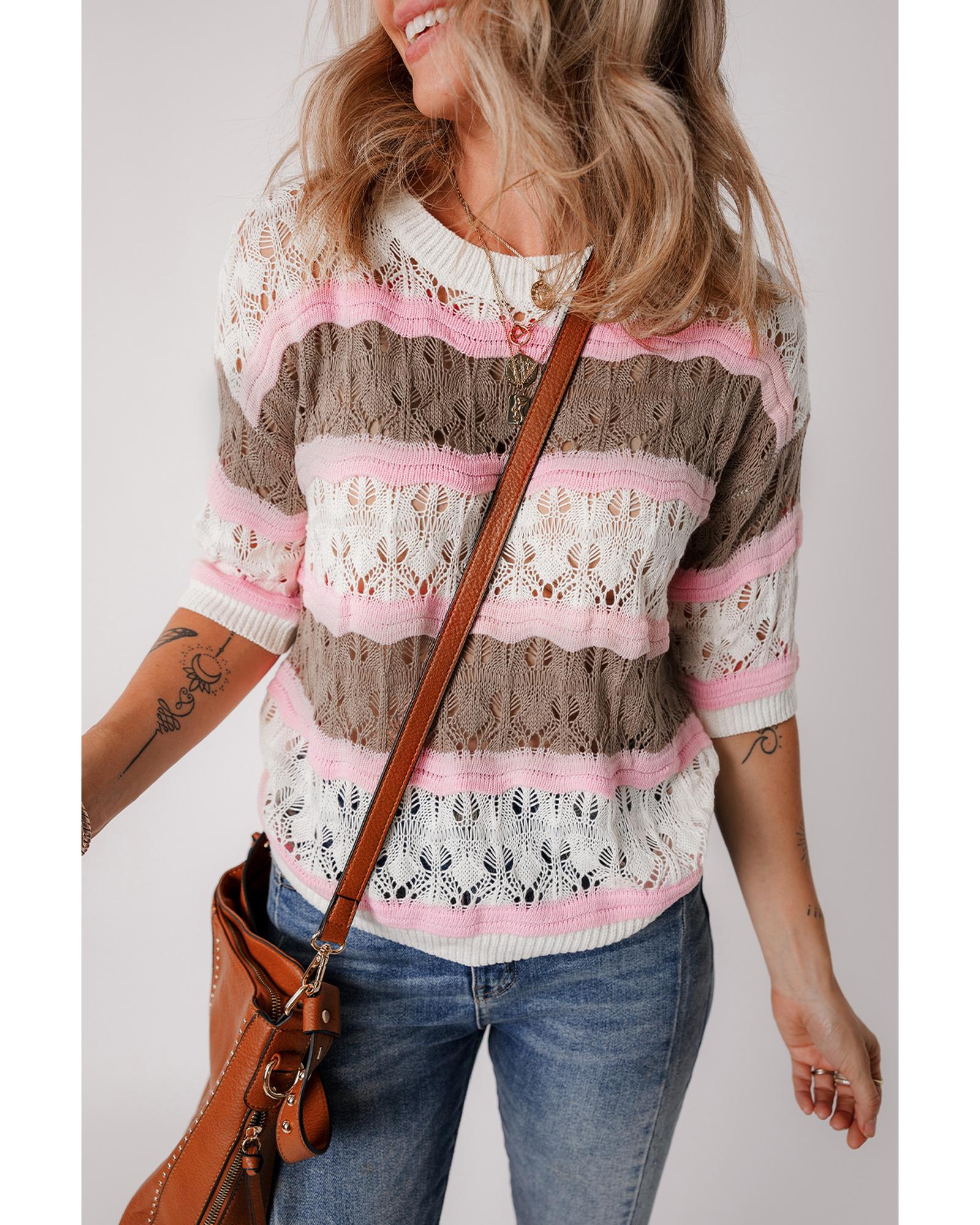 V539-AZEXDC277343-P1719-XL-202508280455-00 Brown Stripe Color Block Hollow Out Crochet Half Sleeve Sweater - XL - Image 1