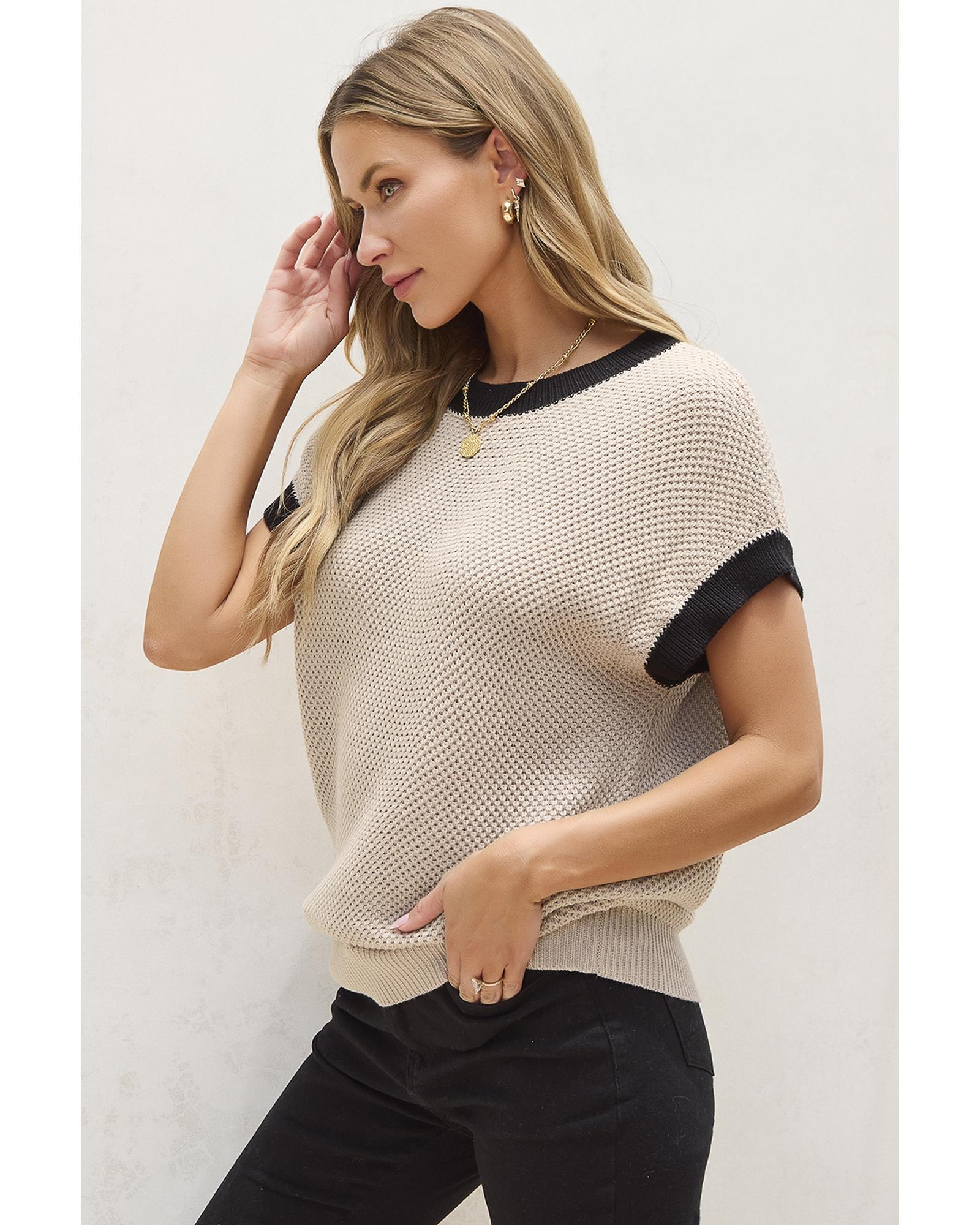 V539-AZEXDC277347-P4016-L-202508282035-00 Light French Beige Contrast Trim Round Neck Batwing Sleeve Sweater Top - L - Image 1