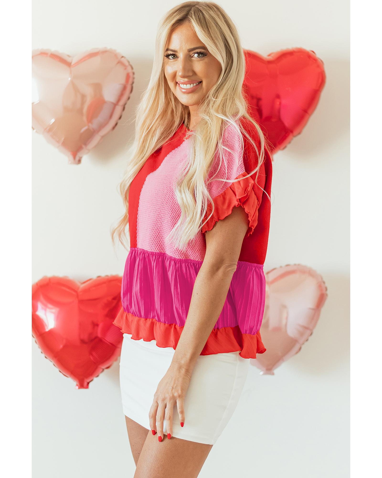 V539-AZEXDC277381-P103-M-202508292105-00 Tomato Red Mix Knitted Patchwork Ruffle Trim Loose Sweater - M - Image 1