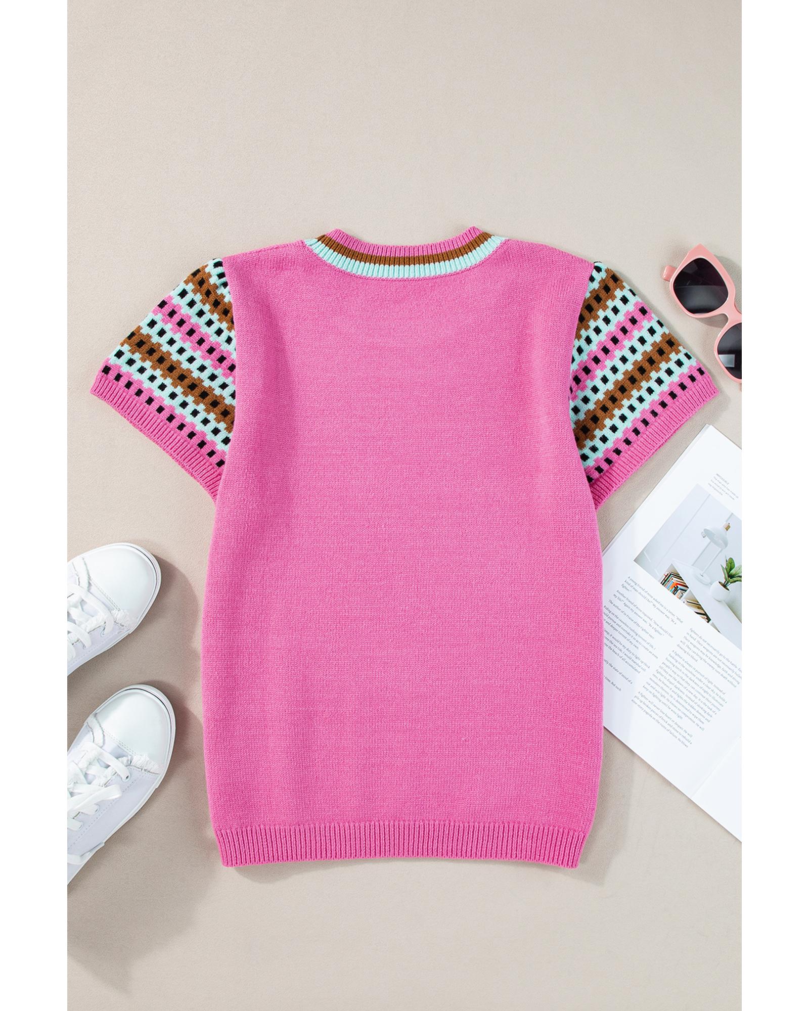 V539-AZEXDC277392-P106-XL-202508300520-00 Bright Pink Contrast Printed Cap Sleeves Crewneck Sweater - XL - Image 1