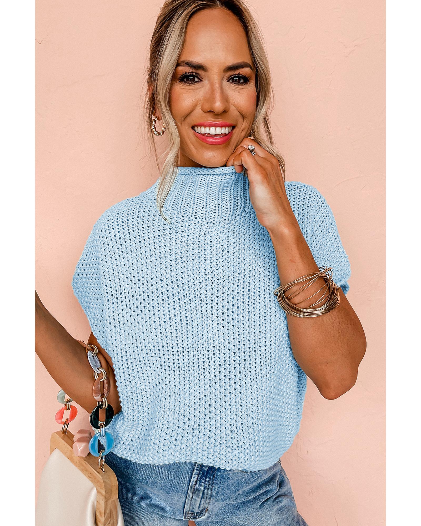 V539-AZEXDC277419-P104-L-202506141010-00 Iceland Blue High Neck Bat Short Sleeve Sweater - L - Image 1