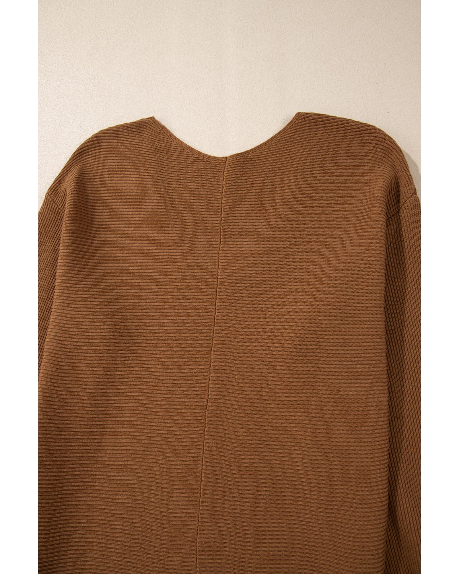 V539-AZEXDC277468-P1016-L-202508291355-00 Camel Ribbed Knit Drop Sleeve V Neck Loose Fit Sweater - L - Image 1