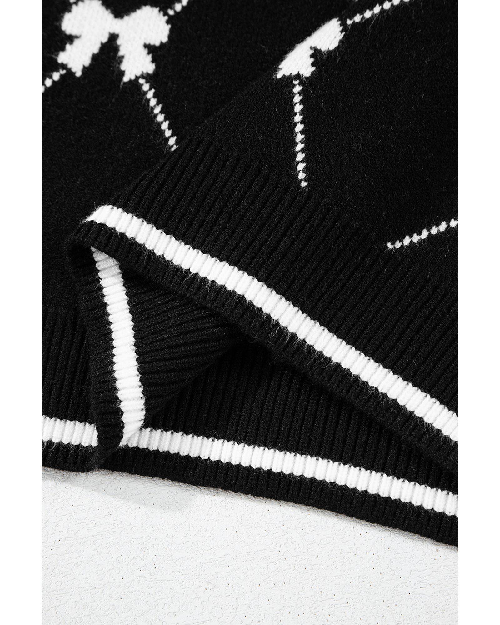 V539-AZEXDC277528-P222-XL-202508300055-00 Black Preppy Vibes Bow Print Zipped Collar Sweater Tee - XL - Image 1