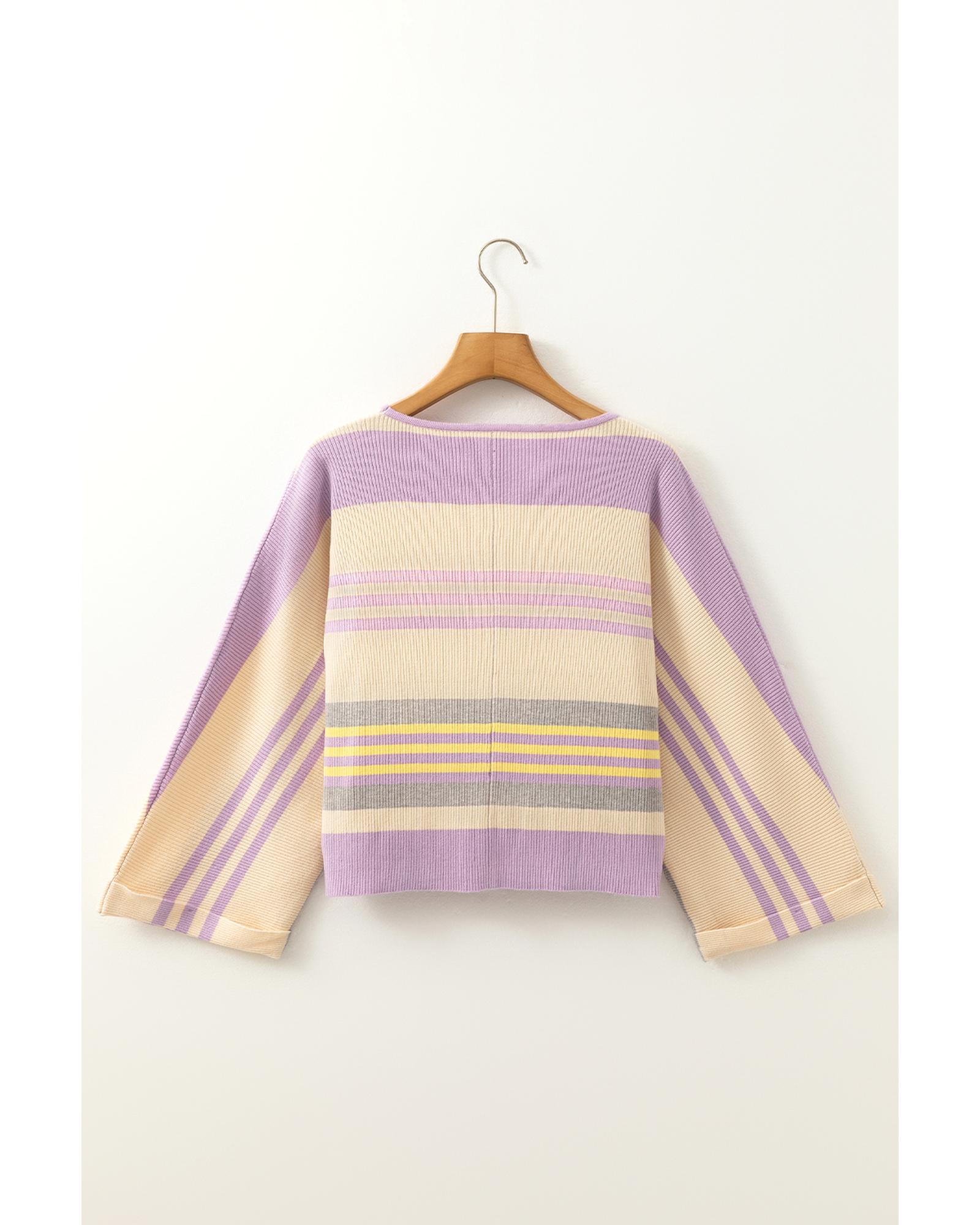 V539-AZEXDC277533-P819-M-202508300335-00 Purple Stripe Borderline Rib Knit Cuffed Dolman Sleeve Sweater - M - Image 1