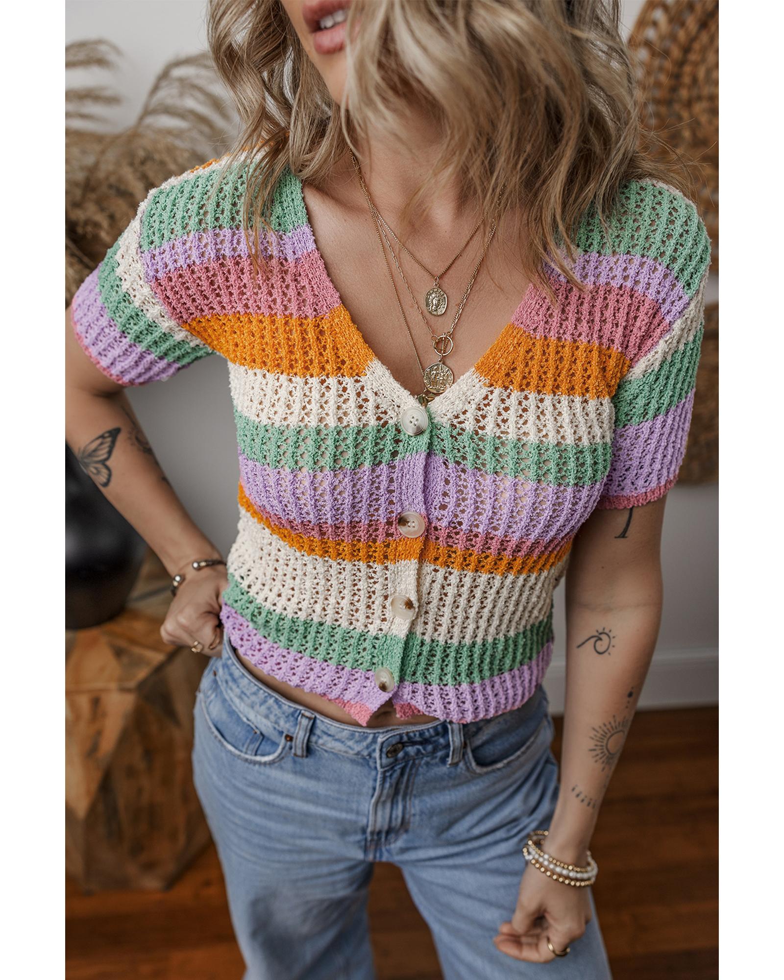 V539-AZEXDC277539-P1422-L-202508281205-00 Orange Colorblock Striped Pointelle Knit V Neck Buttoned Crop Short Sleeve Sweater - L - Image 1