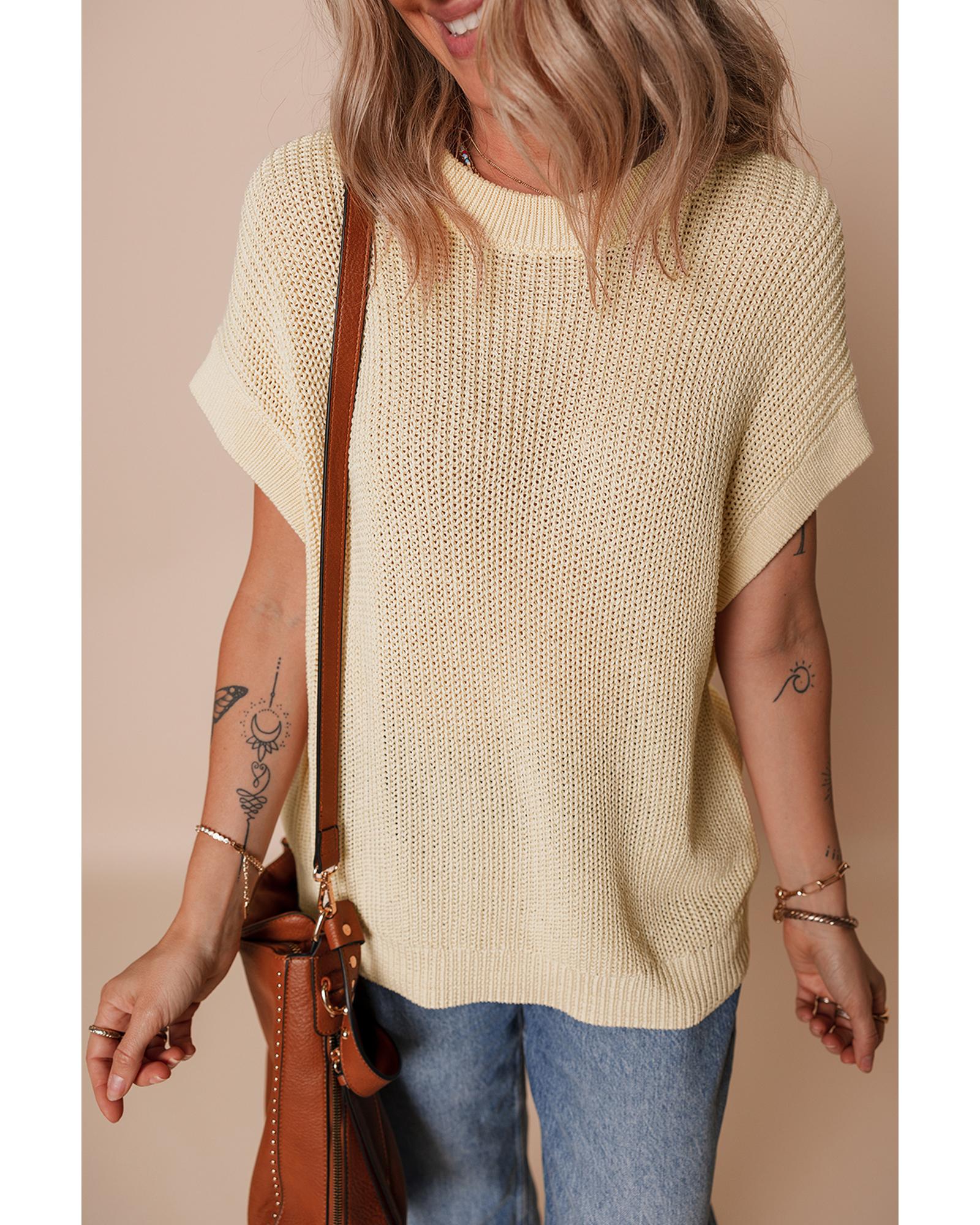 V539-AZEXDC277667-P1015-L-202508280940-00 Oatmeal Solid Color Batwing Short Sleeve Round Neck Knit T Shirt - L - Image 1